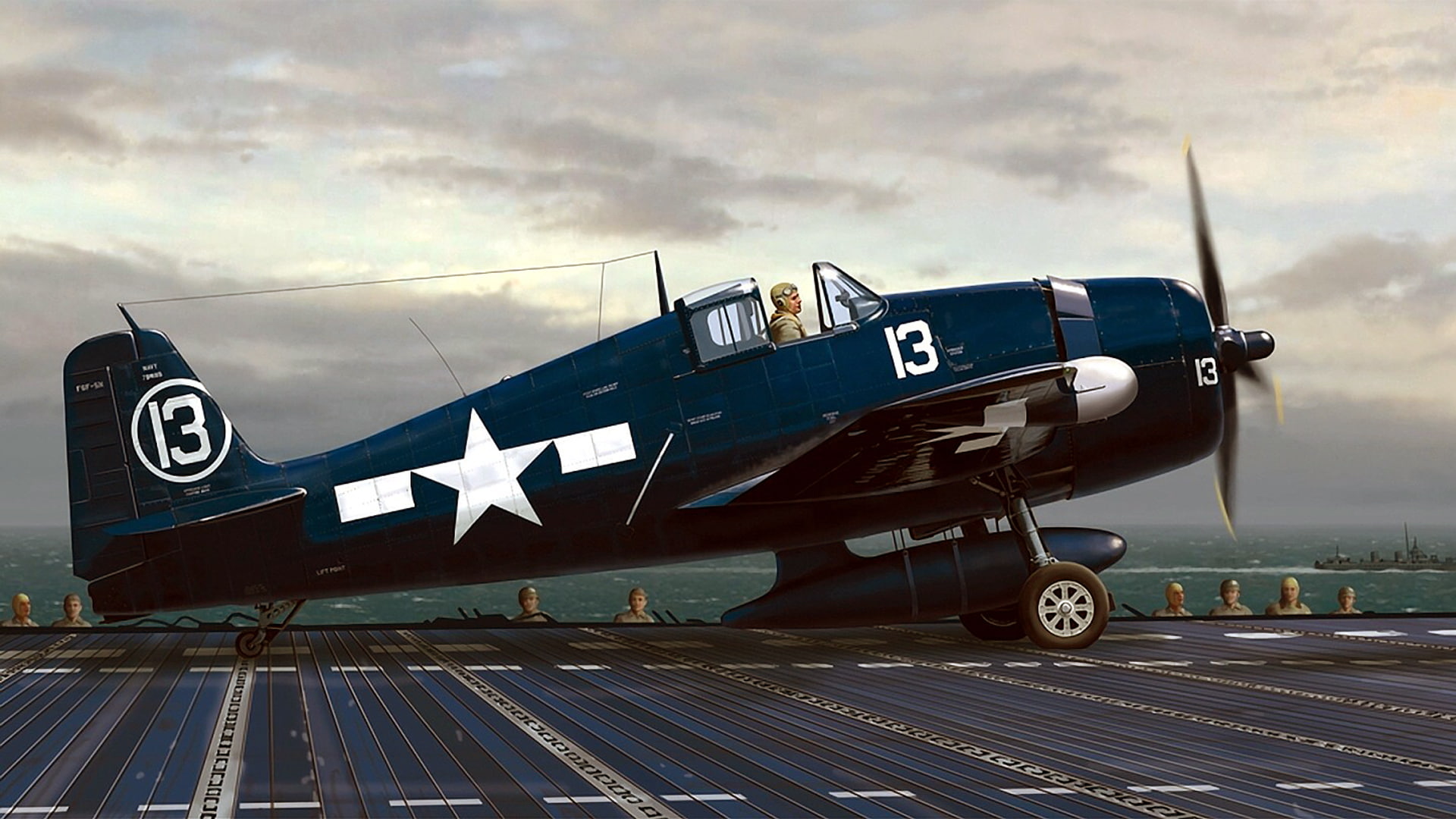 Grumman, the carrier, Hellcat, biplane, art, blue, F6F, carrier-based fighter, painting, 1080P, figure, HD Wallpaper