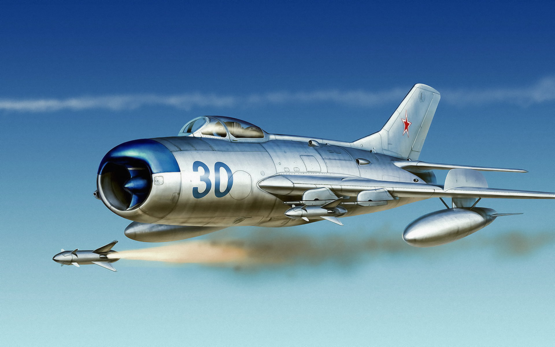 Mig 17, airplane, russian fighter, gray, russian jet, 1080P, illustration, painting, art, war, air combat, aviation, HD Wallpaper