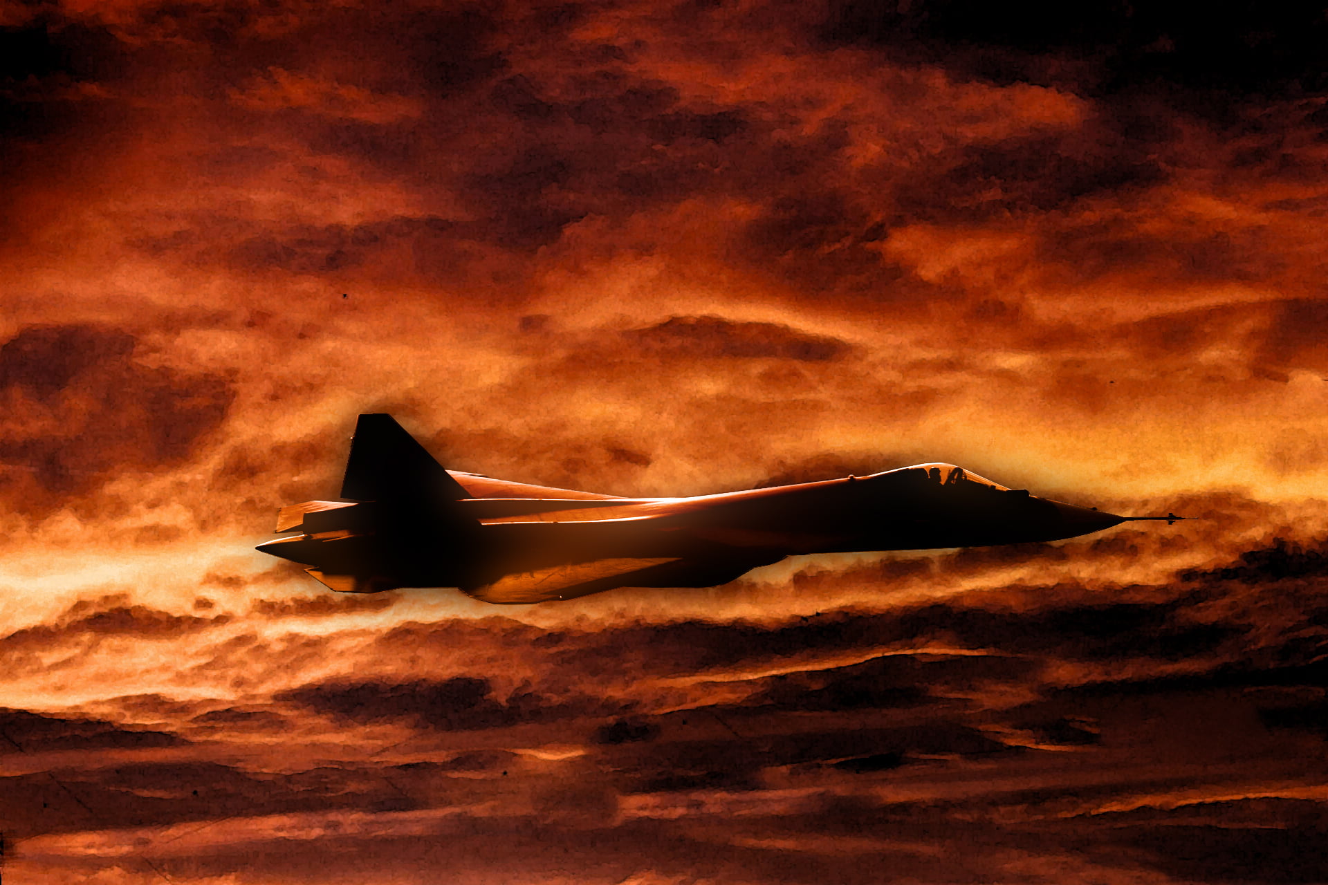 The sky, burning, BBC, flying, black, cloud - sky, multipurpose, side view, 1080P, airplane, PAK FA, sky, Russia, silhouette, T-50, air vehicle, Aviation, HD Wallpaper