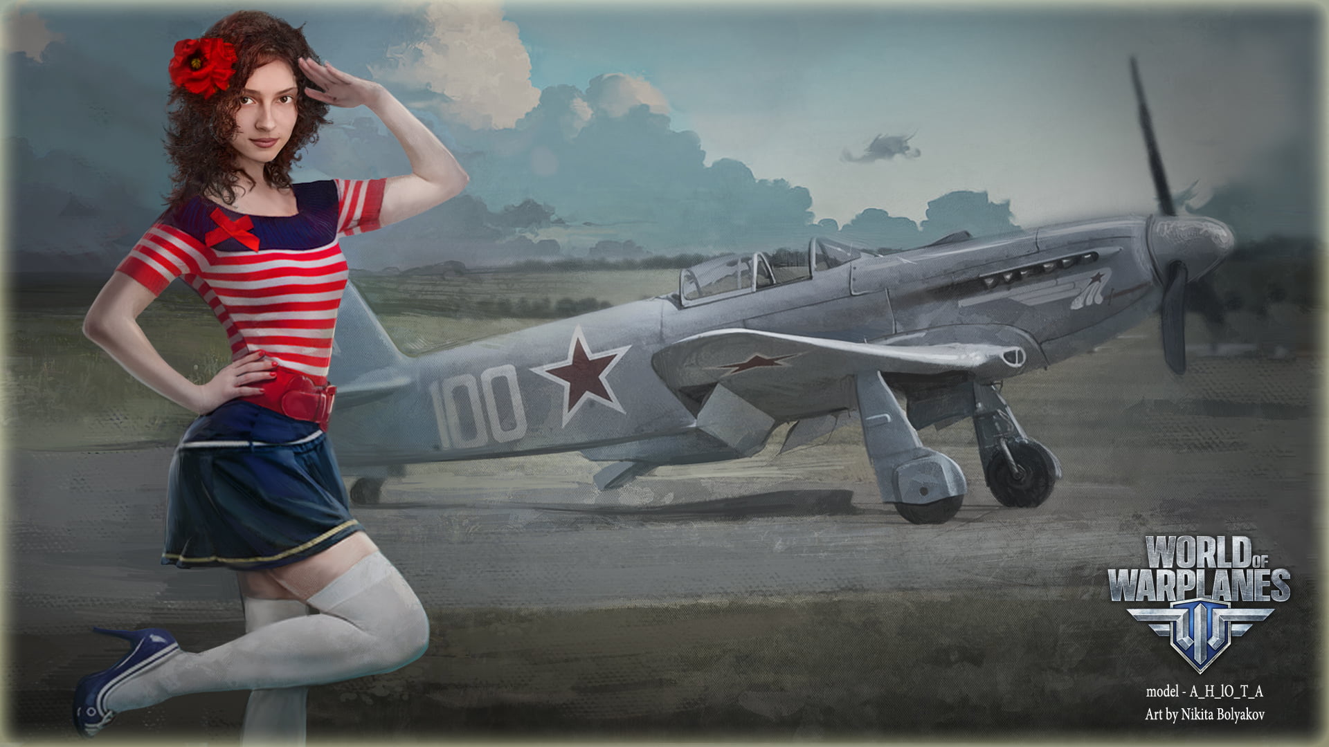 beauty, sky, real people, young women, striped, Wargaming.net, digital composite, the plane, front view, World of aircraft, WoWp, women, hairstyle, 1080P, HD Wallpaper