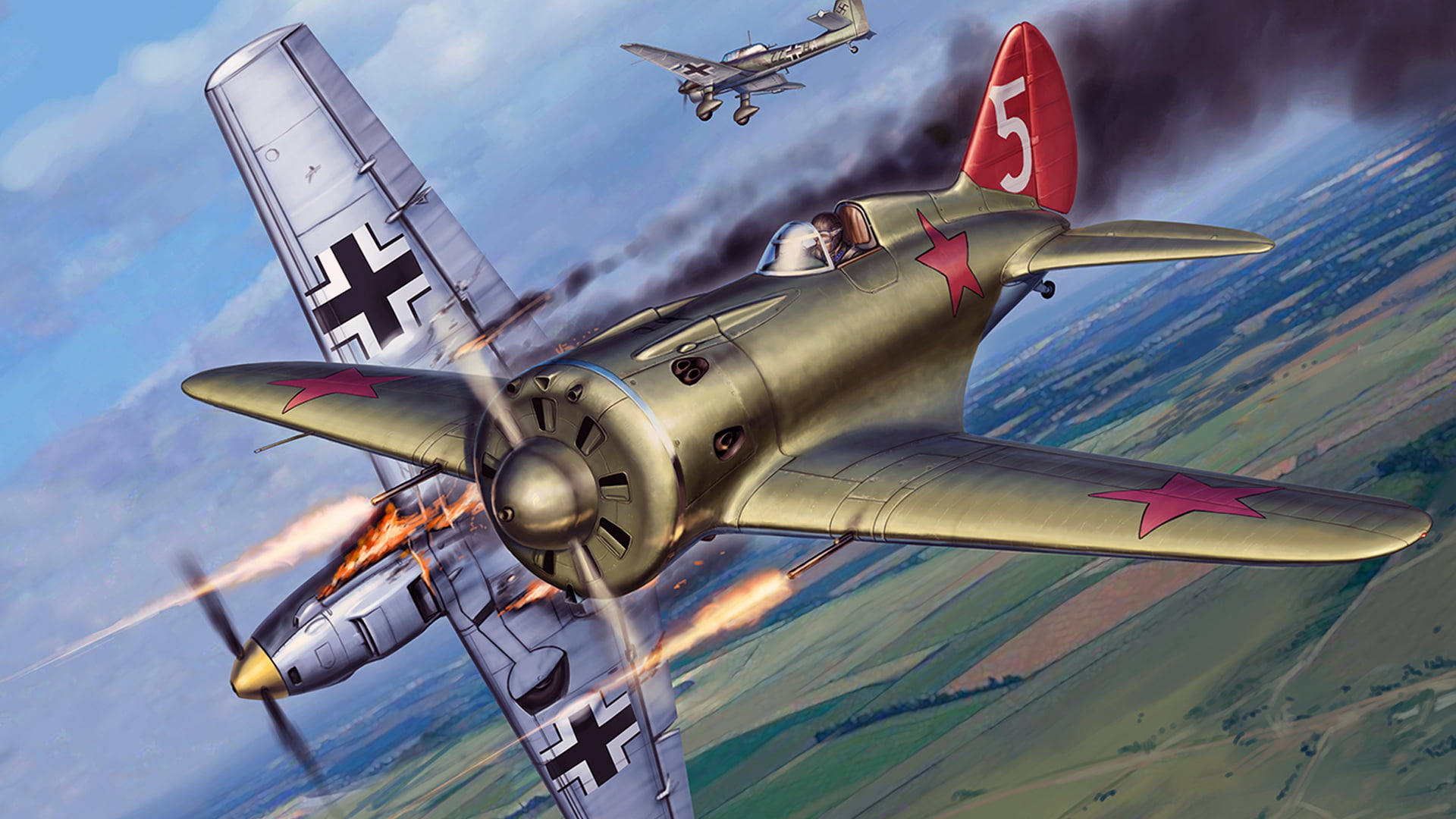 fighter, military airplane, fighter plane, 1080P, -16, aerospace industry, rata, Soviet single-engine piston fighter monoplane, on the move, brown, Bf.109, HD Wallpaper