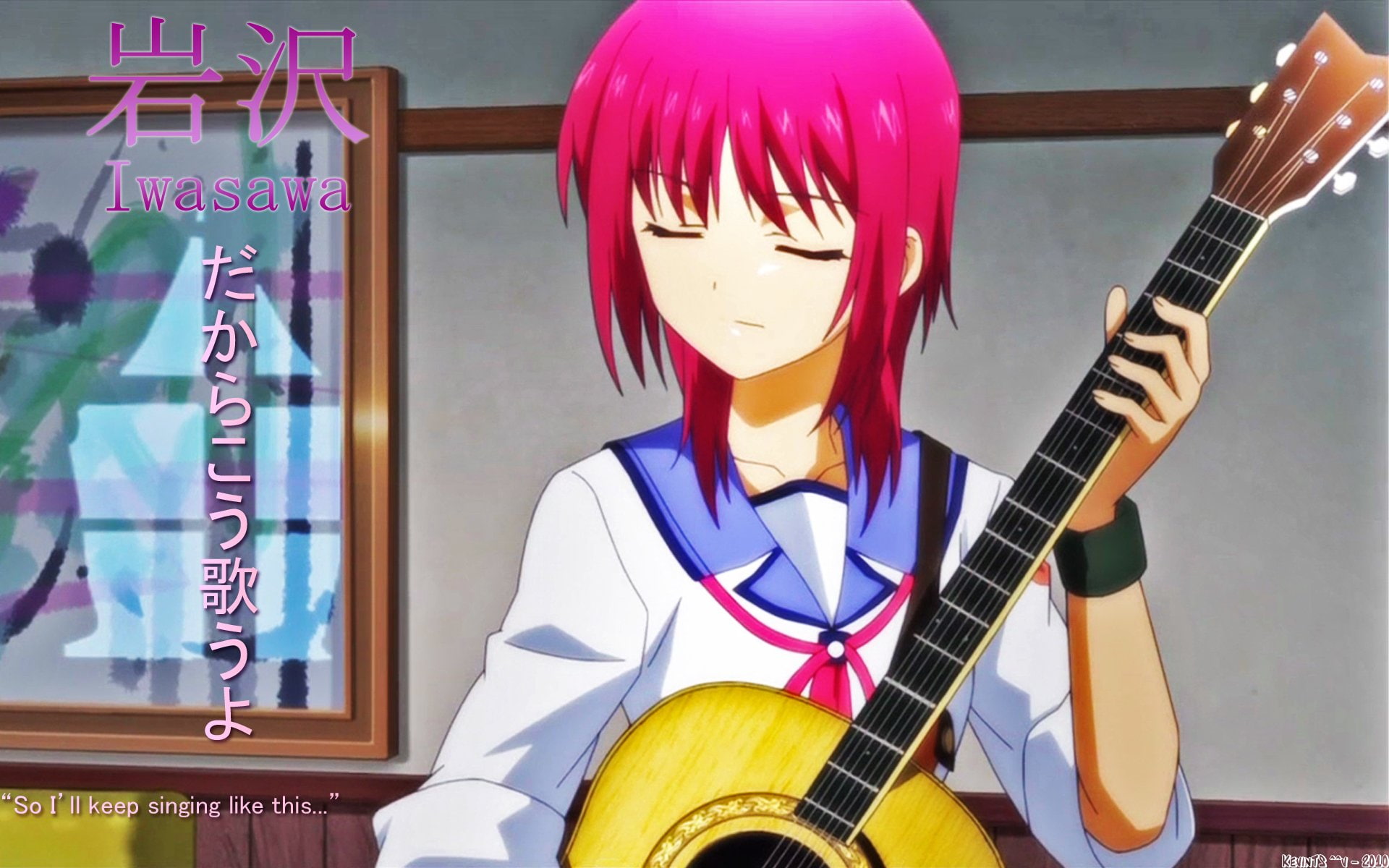 artist, one person, musical instrument, offspring, child, Masami Iwasawa, musical equipment, 1080P, front view, Anime, rock music, Angel Beats!, portrait, HD Wallpaper
