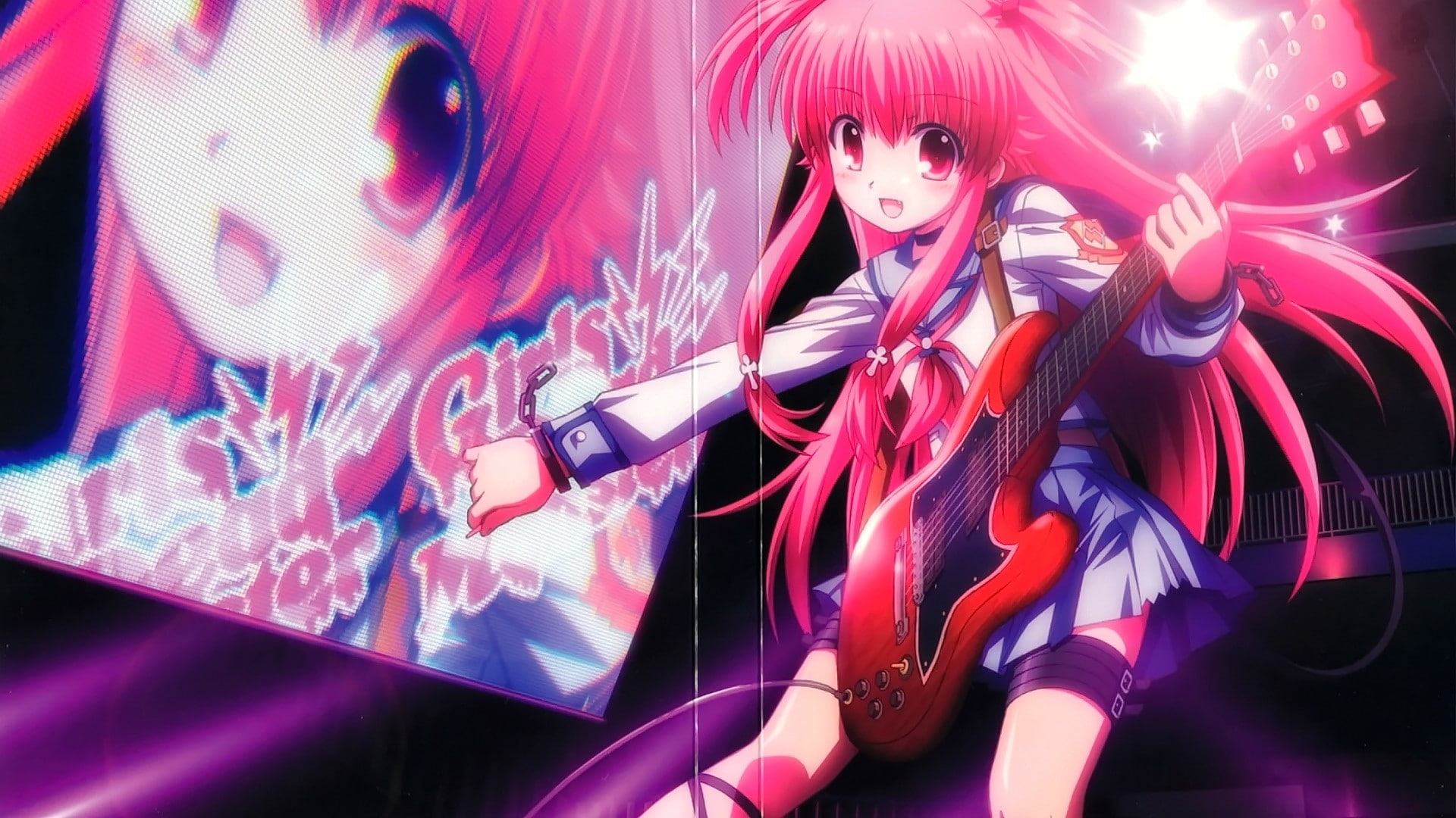 real people, indoors, pink hair, pink color, arts culture and entertainment, looking at viewer, anime, amusement park ride, Angel Beats!, night, looking at camera, HD Wallpaper
