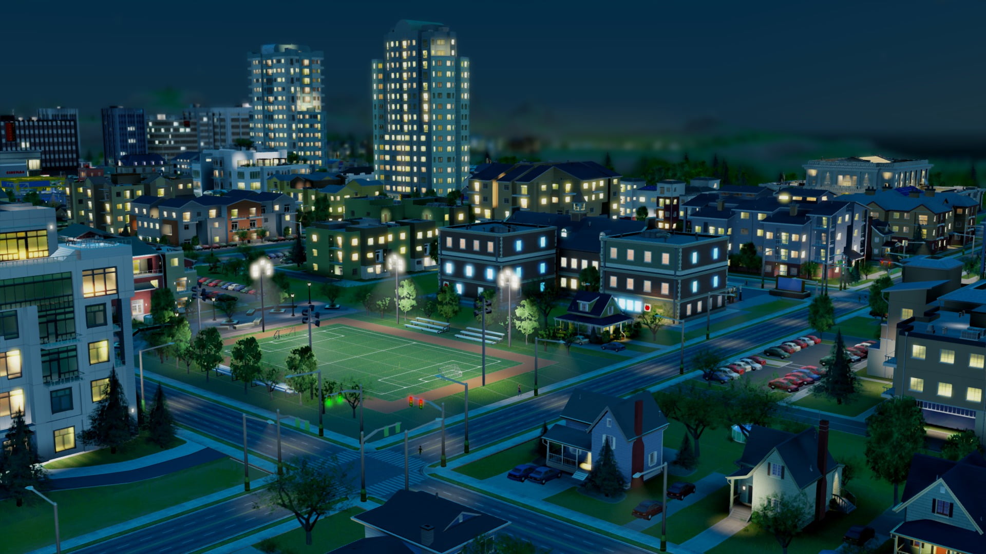 street, night, illuminated, modern, no people, high angle view, court, 1080P, outdoors, SimCity, office building exterior, tennis, built structure, HD Wallpaper