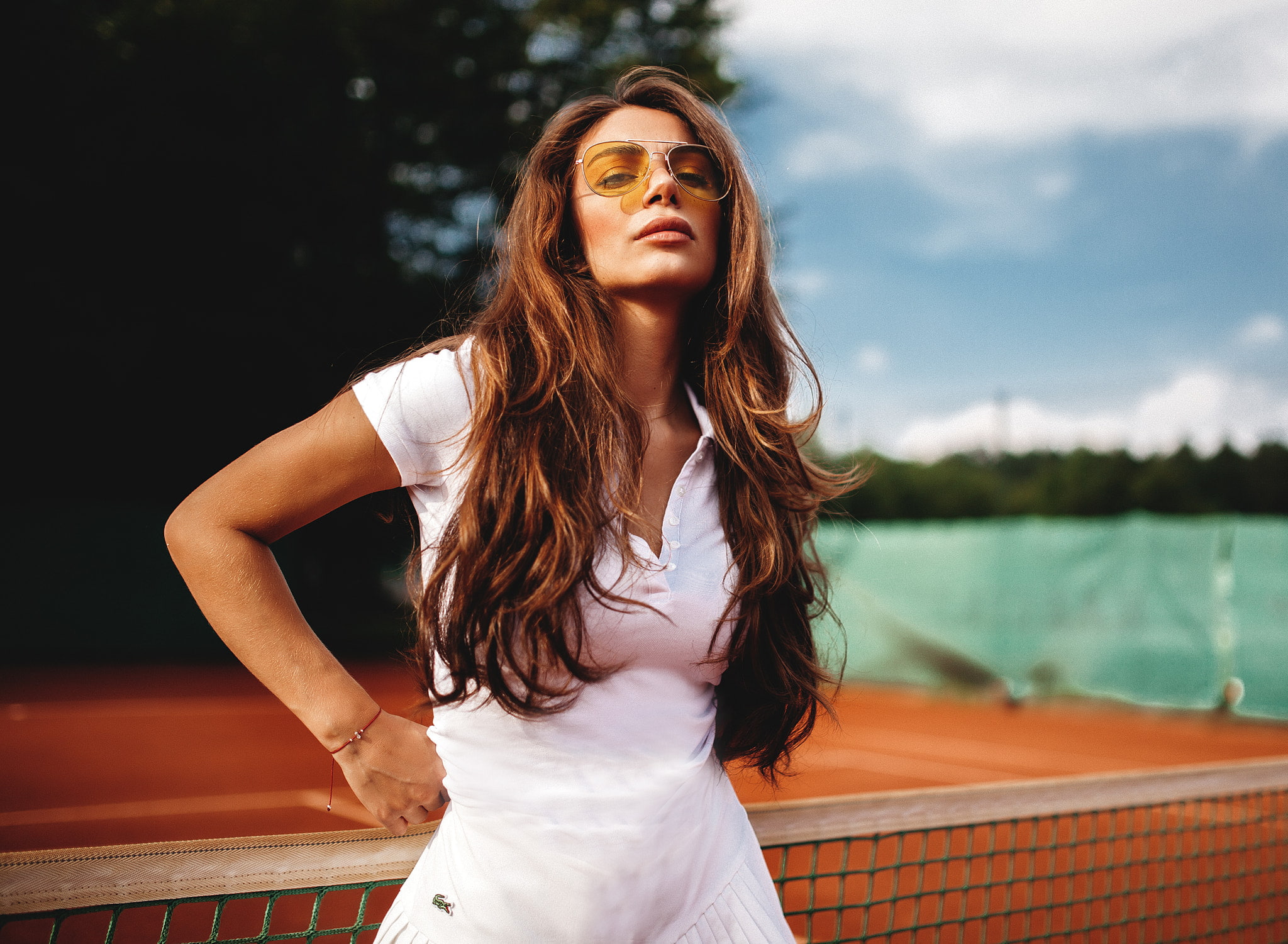 portrait, sunglasses, long hair, white clothing, lacoste, women, brunette, women outdoors, tanned, 1080P, tennis courts, HD Wallpaper