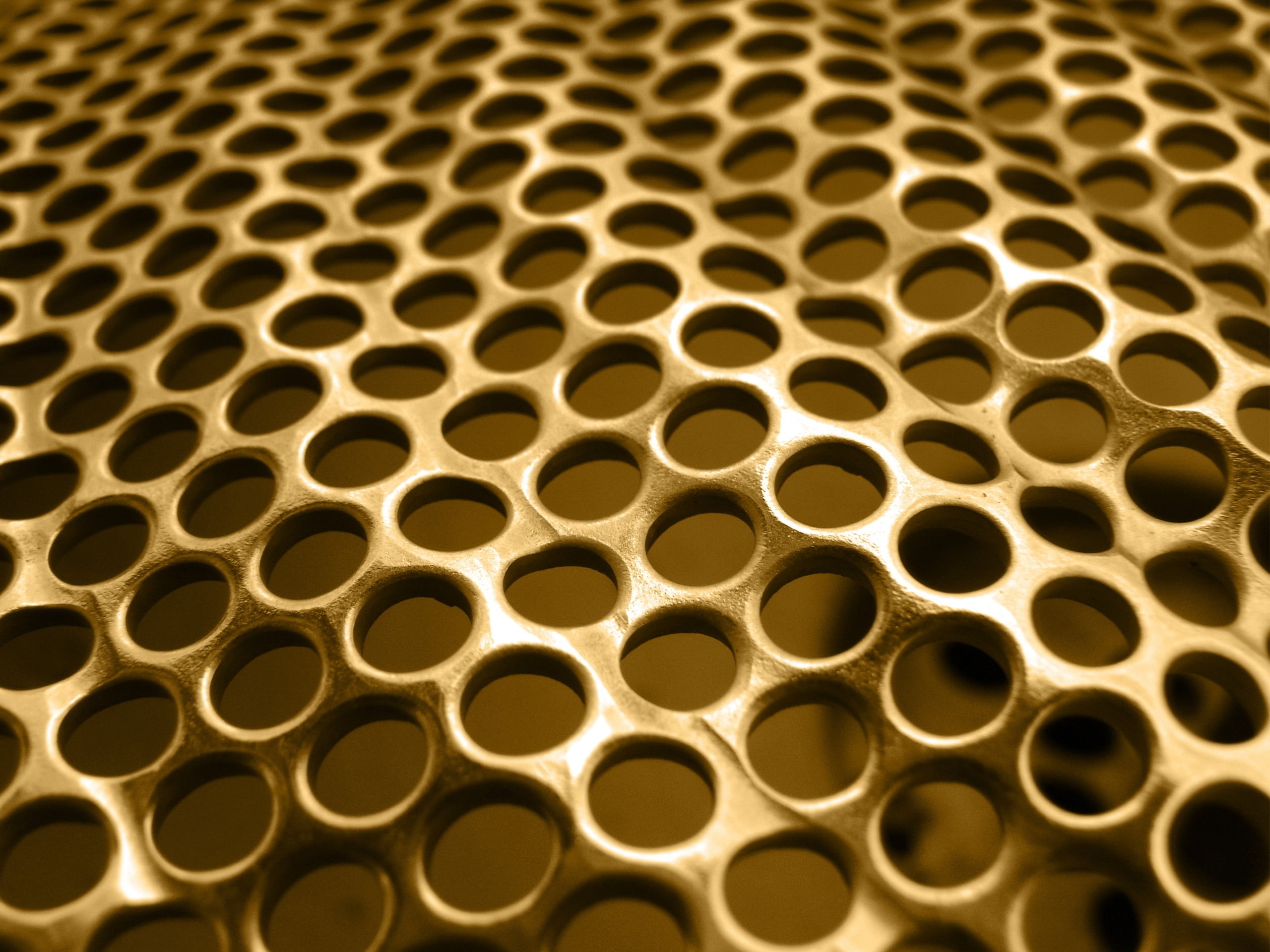 abstract, circle, selective focus, pattern, circles, steel, shape, 2K, indoors, design, macro, industry, gold colored, glass, hexagon, background, hole, HD Wallpaper