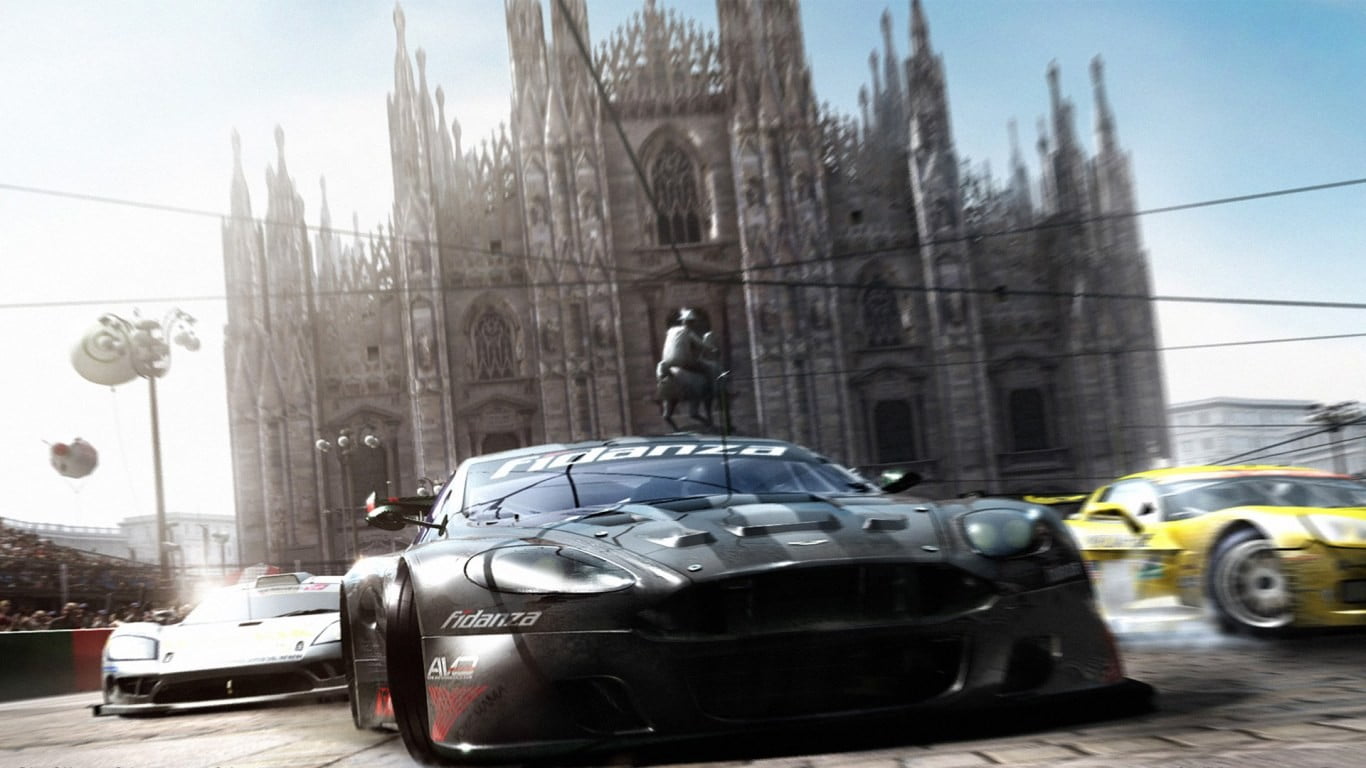 black, street, sky, one person, video games, 720P, Race Driver: GRID, outdoors, nature, land vehicle, coupe, built structure, day, traffic, racing, motor vehicle, HD Wallpaper