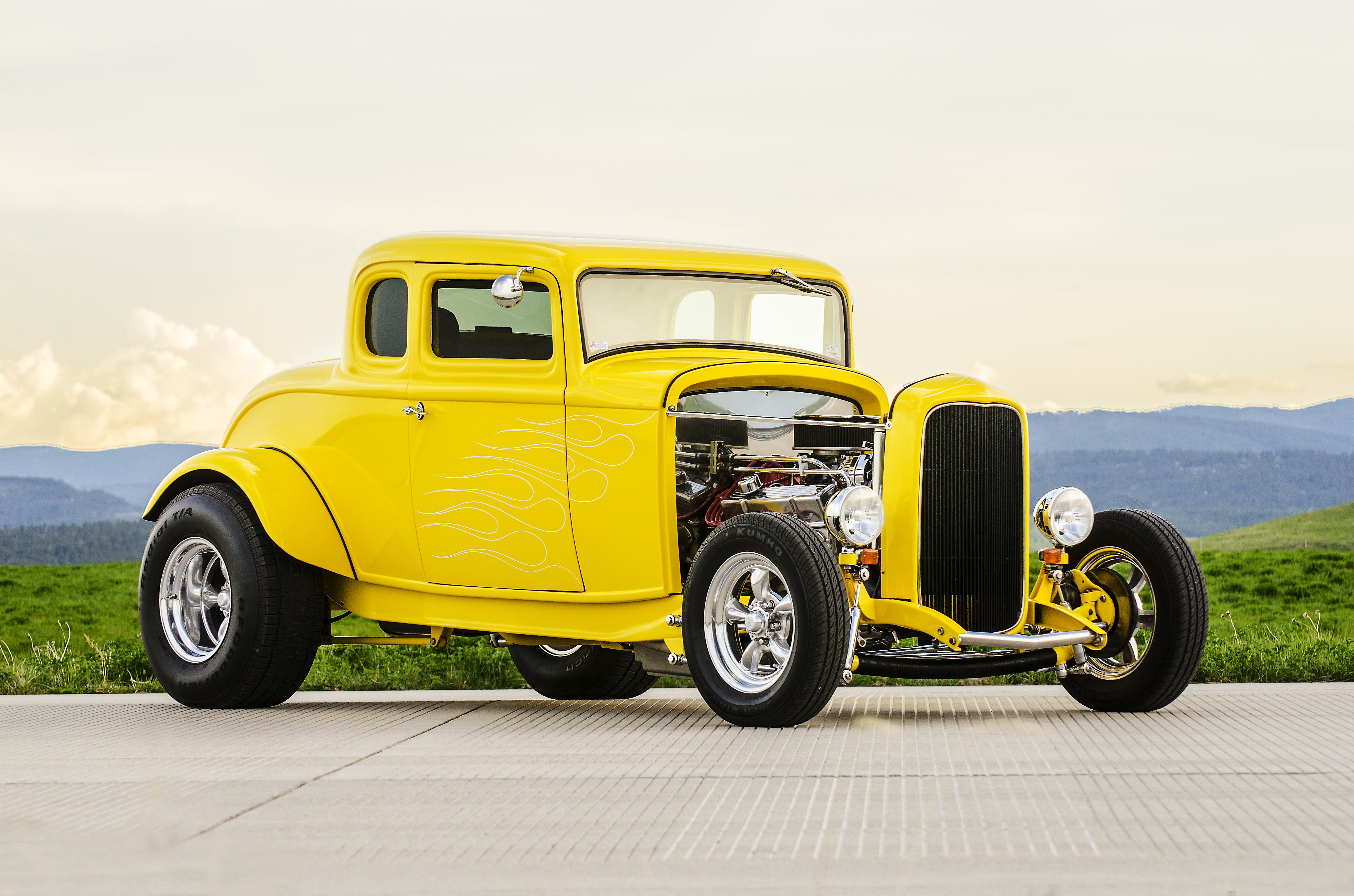 muscle car, wheel, hot rod, personal land vehicle, vintage cars, gray, motor vehicle, antique, environment, road, mountain, nostalgia, classic car, 4K, HD Wallpaper