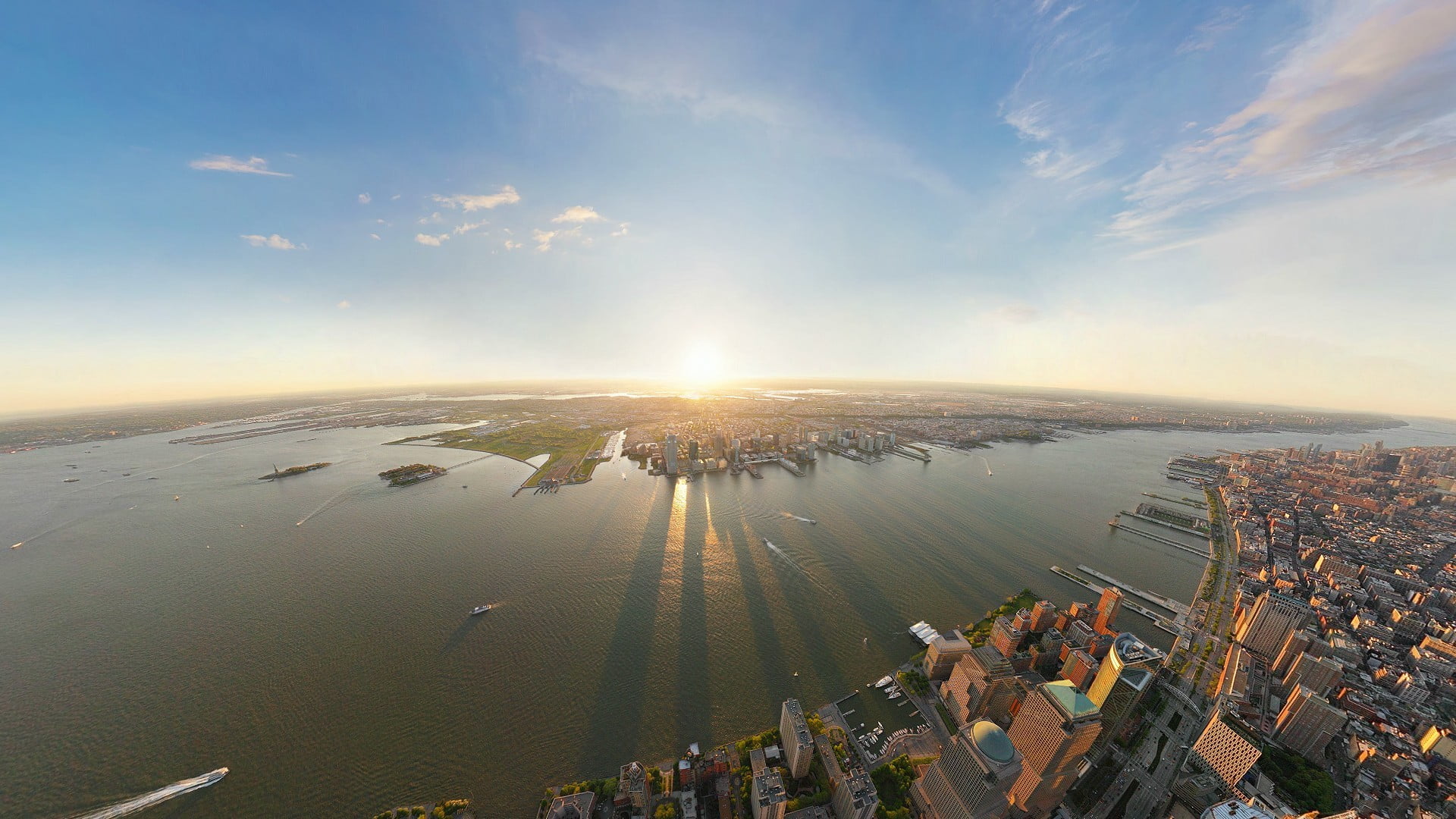 nature, river, urban Skyline, lens flare, sea, 1080P, coast, building, sunset, blue, high angle view, gray, travel, bay Of Water, rise, street, mode of transportation, HD Wallpaper