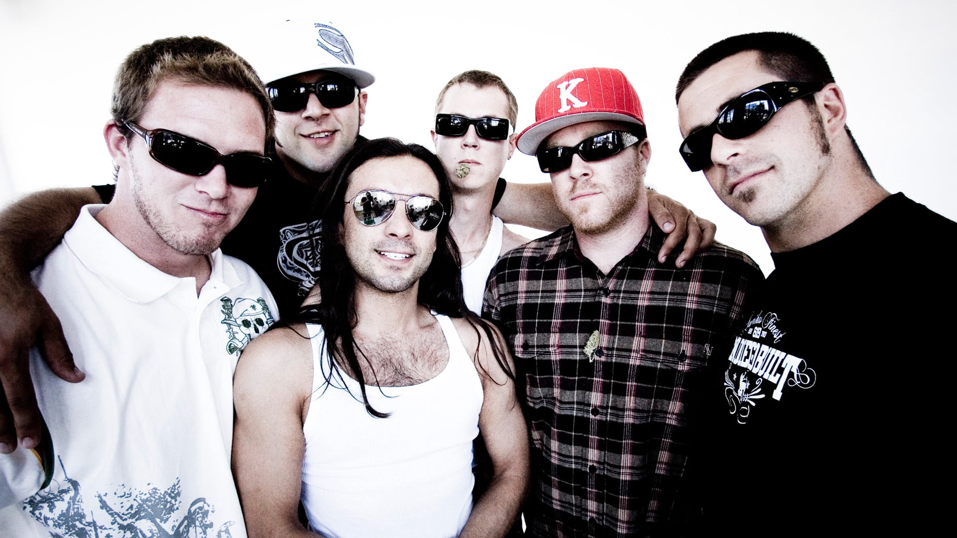 sunglasses, smile, group of people, rock, making a face, 1080P, front view, people, band, fashion, slightly stoopid, men, young adult, adult, glasses, HD Wallpaper