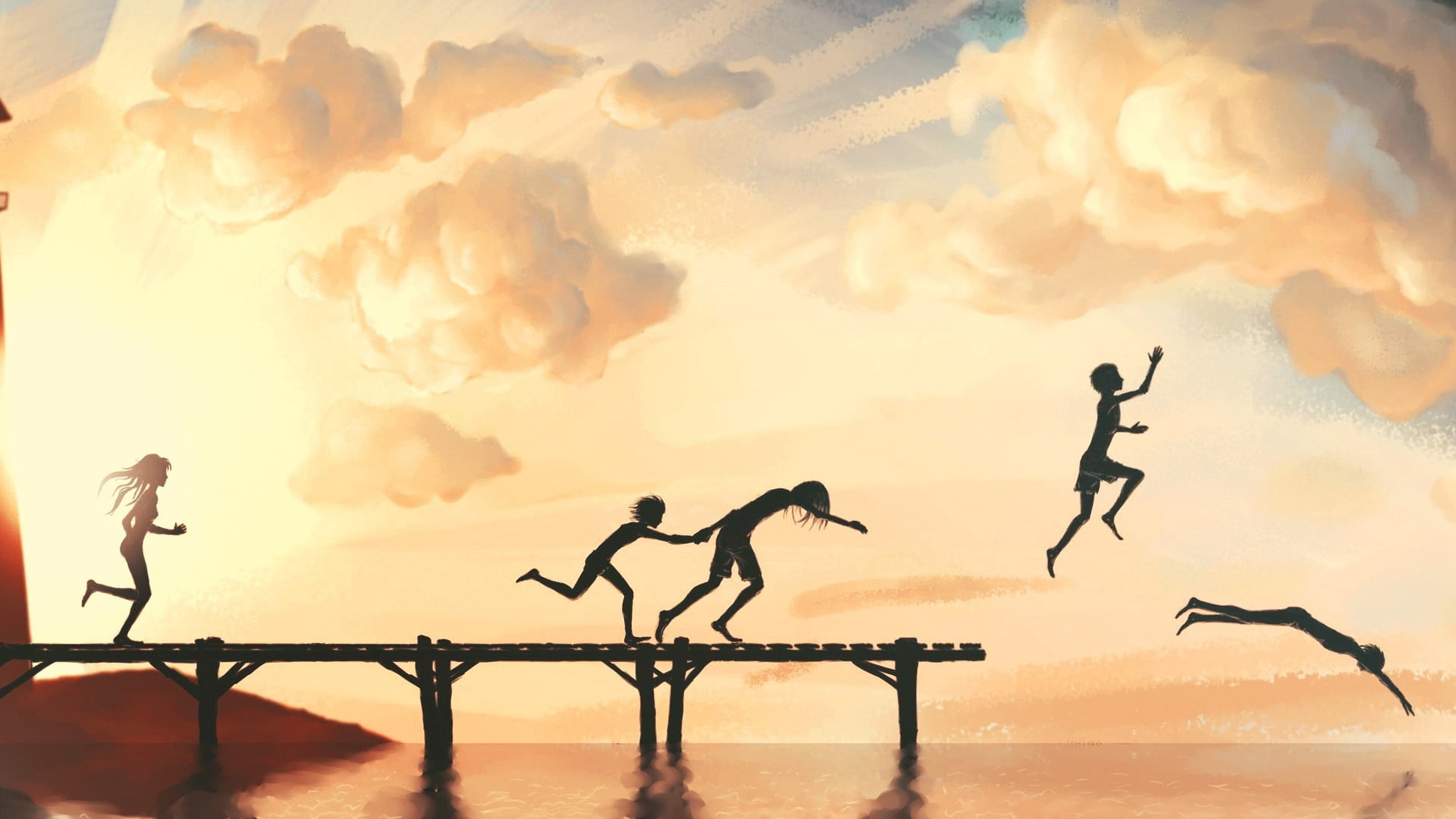 silhouette, classic art, sky, digital art, sport, lifestyles, illustration, water, lake, men, land, cloud - sky, 1080P, children, orange color, outdoors, HD Wallpaper