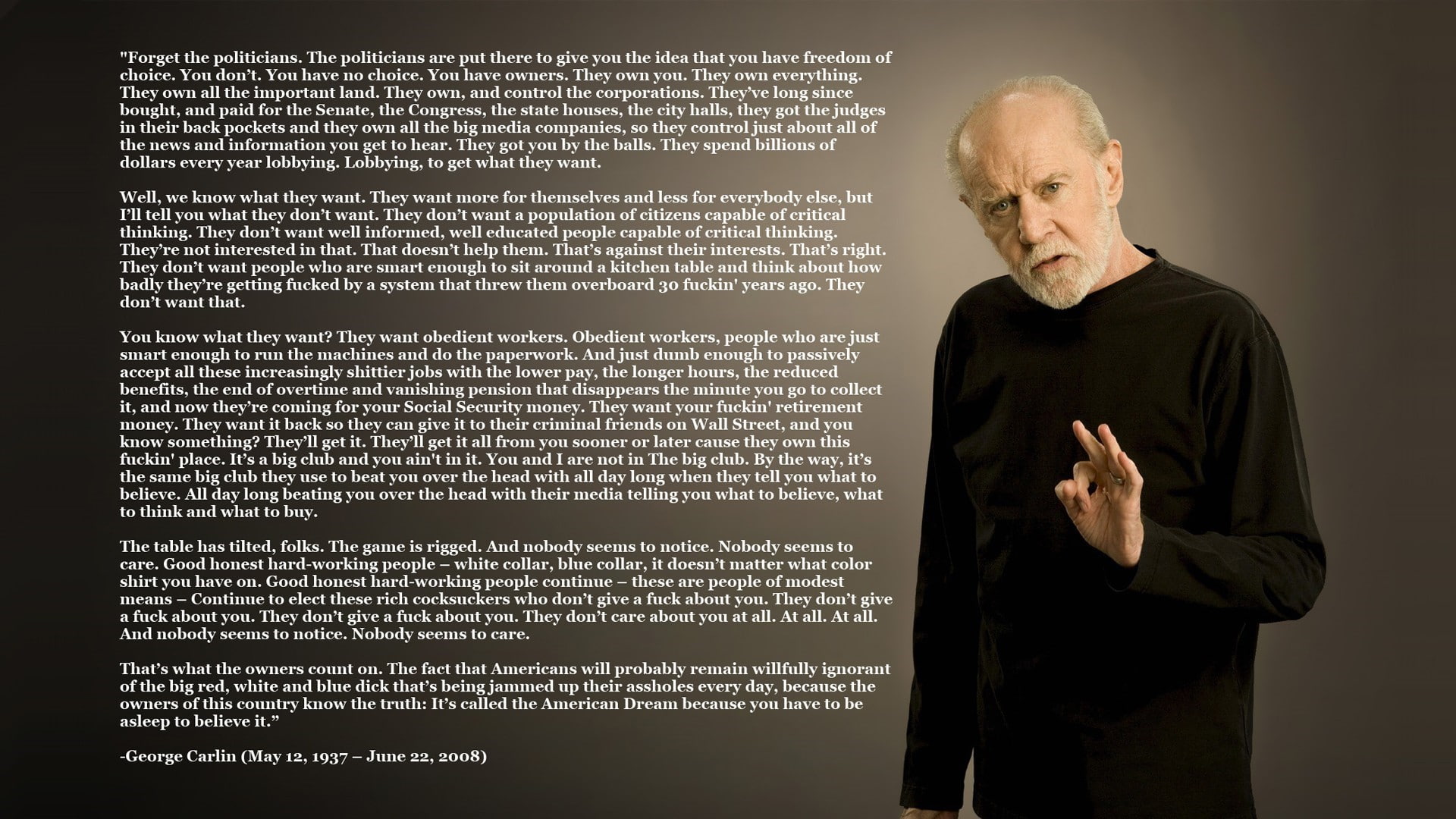 standing, screen, george carlin quote, senior adult, senior men, males, western script, front view, contemplation, gray hair, text, adult, communication, HD Wallpaper