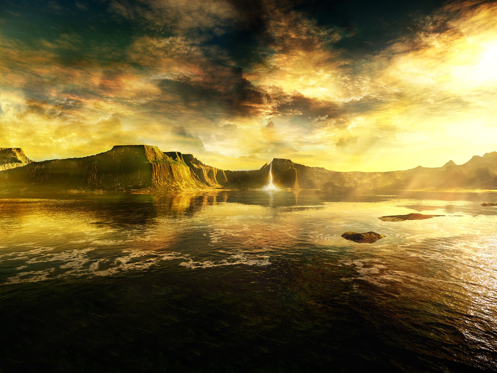 landscape, sunbeam, nature, fantasy art, sunset, tranquil scene, water, hour, hot spring, beauty in nature, 720P, golden, outdoors, rock, flowing water, HD Wallpaper