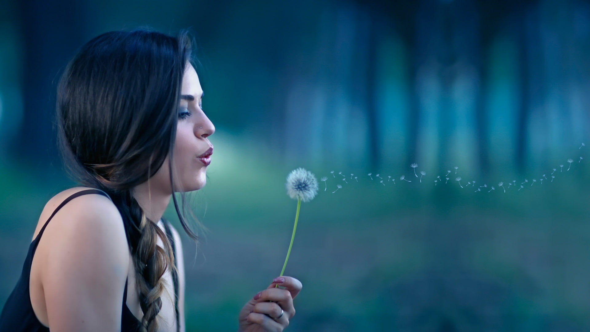 white, 1080P, Girl, Bokeh, Dandelion, HD Wallpaper