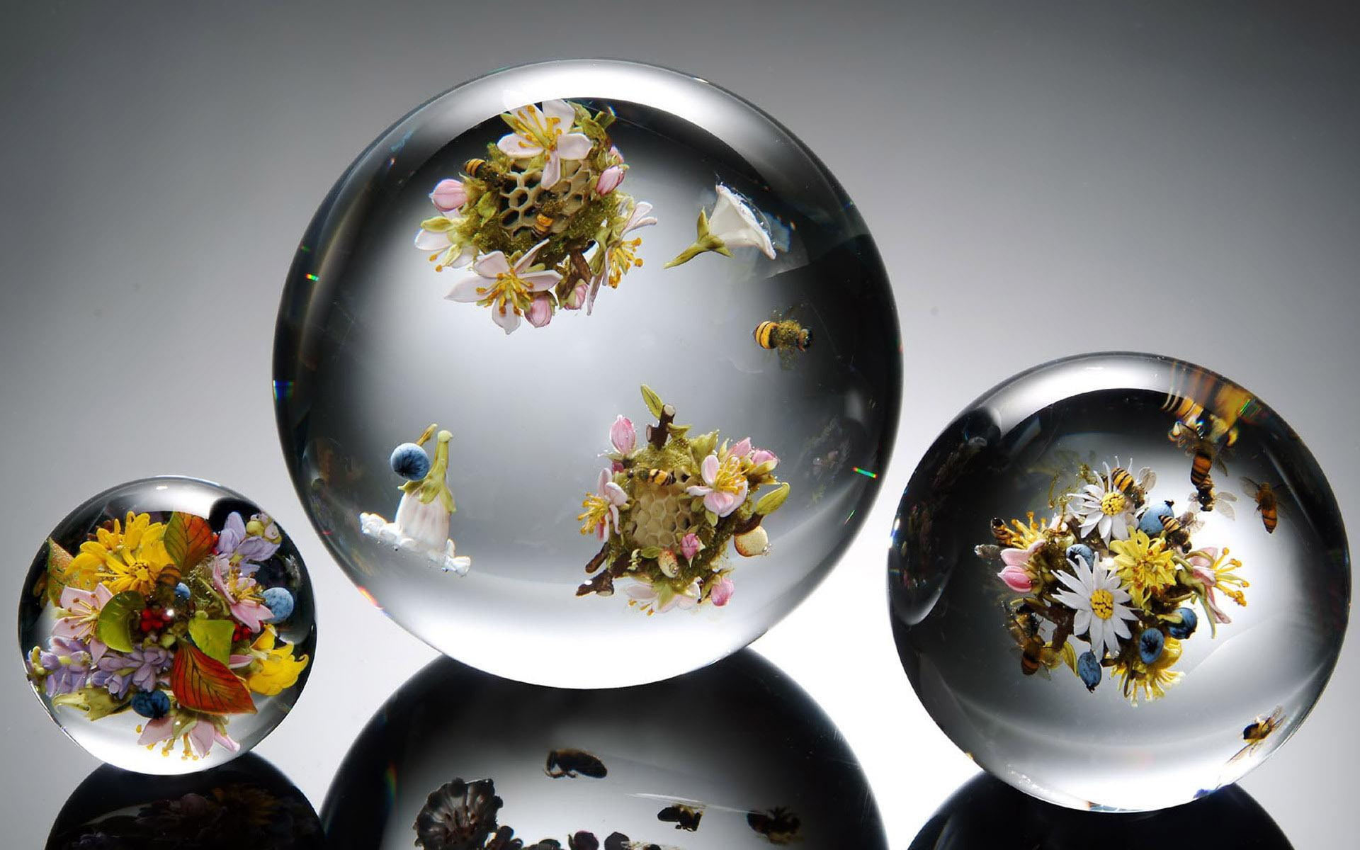 three, 1920x1200, 1080P, floral, water, marbles, flowers, marble, globes, photography, HD Wallpaper