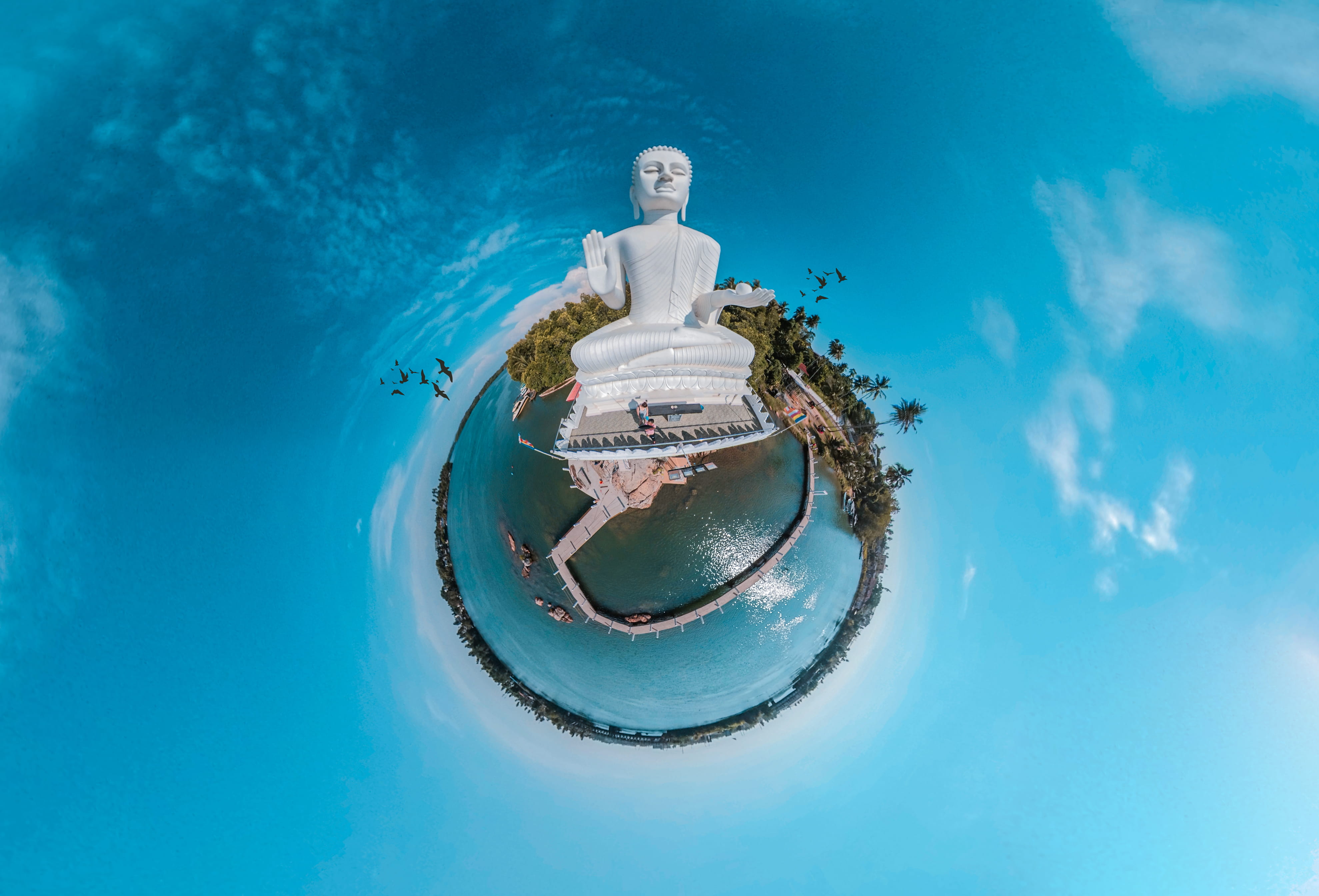 ocean, day, 4K, buddha, geometric shape, people, architecture, summer, Tiny planet, photo, swimming pool, women, outdoors, statue, travel, cloud - sky, HD Wallpaper