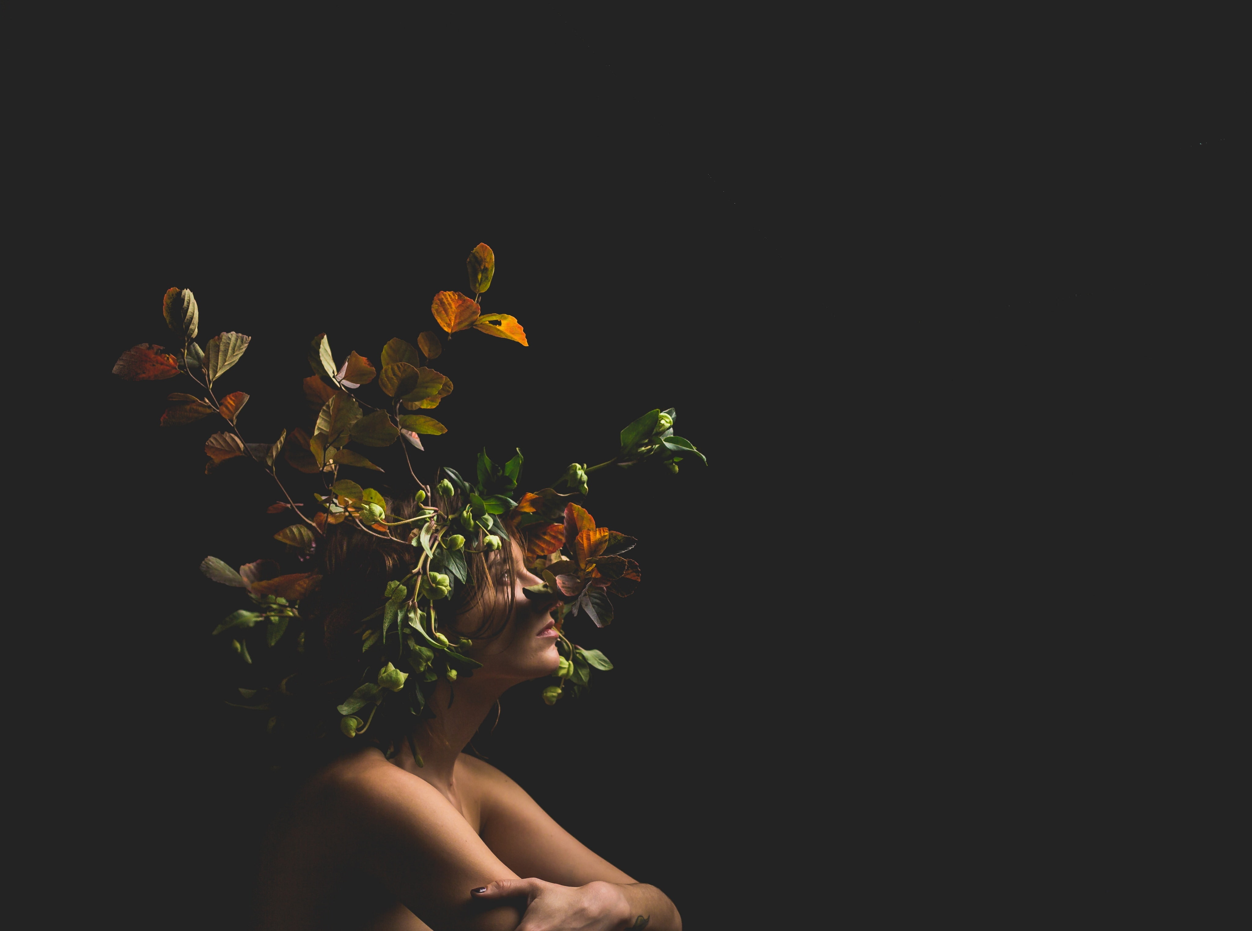 Aero, Dark, flower, Thinking, freshness, hand, nature, close-up, human face, flowering plant, plant part, Woman, Leaves, black background, Wreath, holding, HD Wallpaper