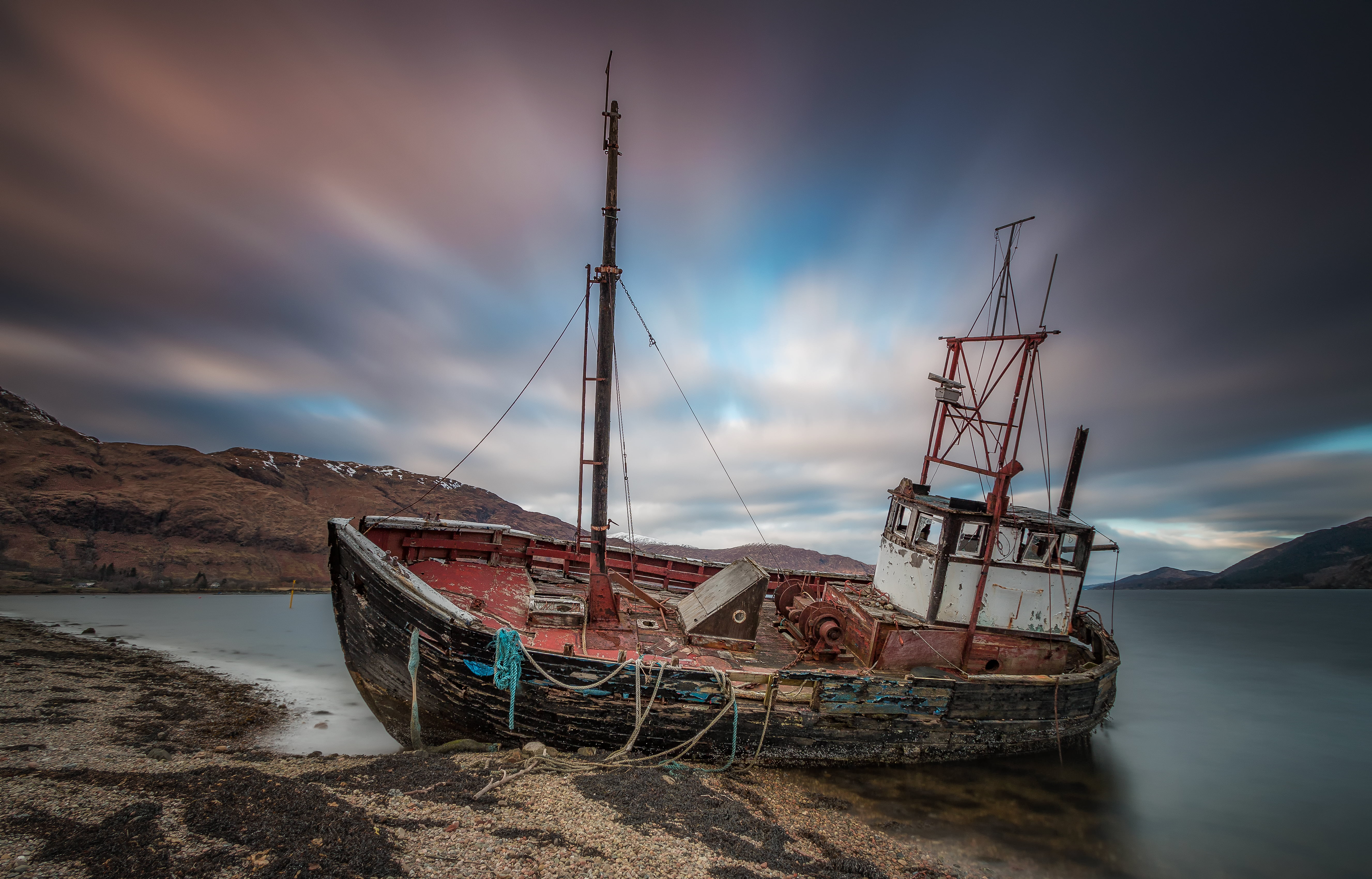 nautical Vessel, shore, sky, Scotland, S 10, ship, 70D, Ardgour, broken, Canon EF-S, beach, mountains, sailing ship, UK, blue, Lee Filters, view, sea, BRAVO, HD Wallpaper