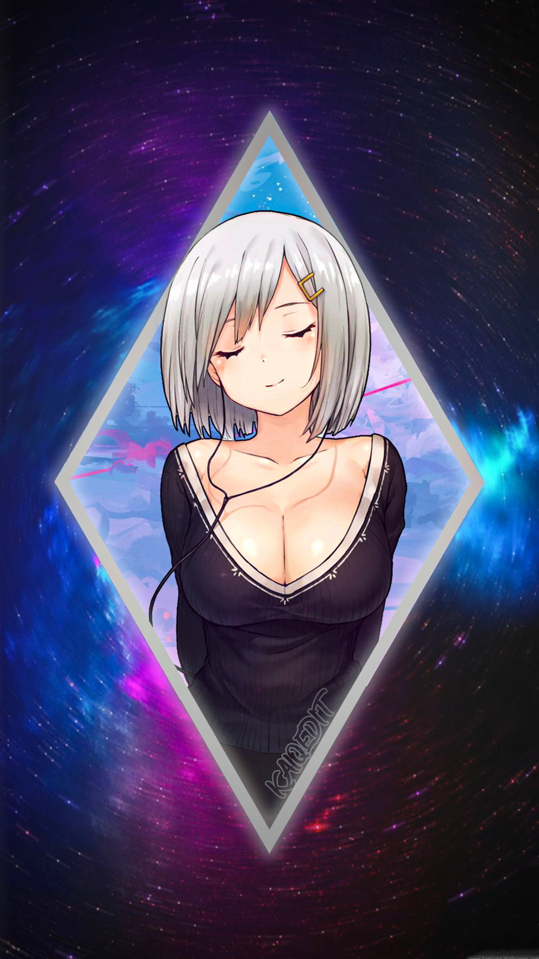anime girls, Radial, 1080P, picture-in-picture, blue light, purple background, Phone HD Wallpaper