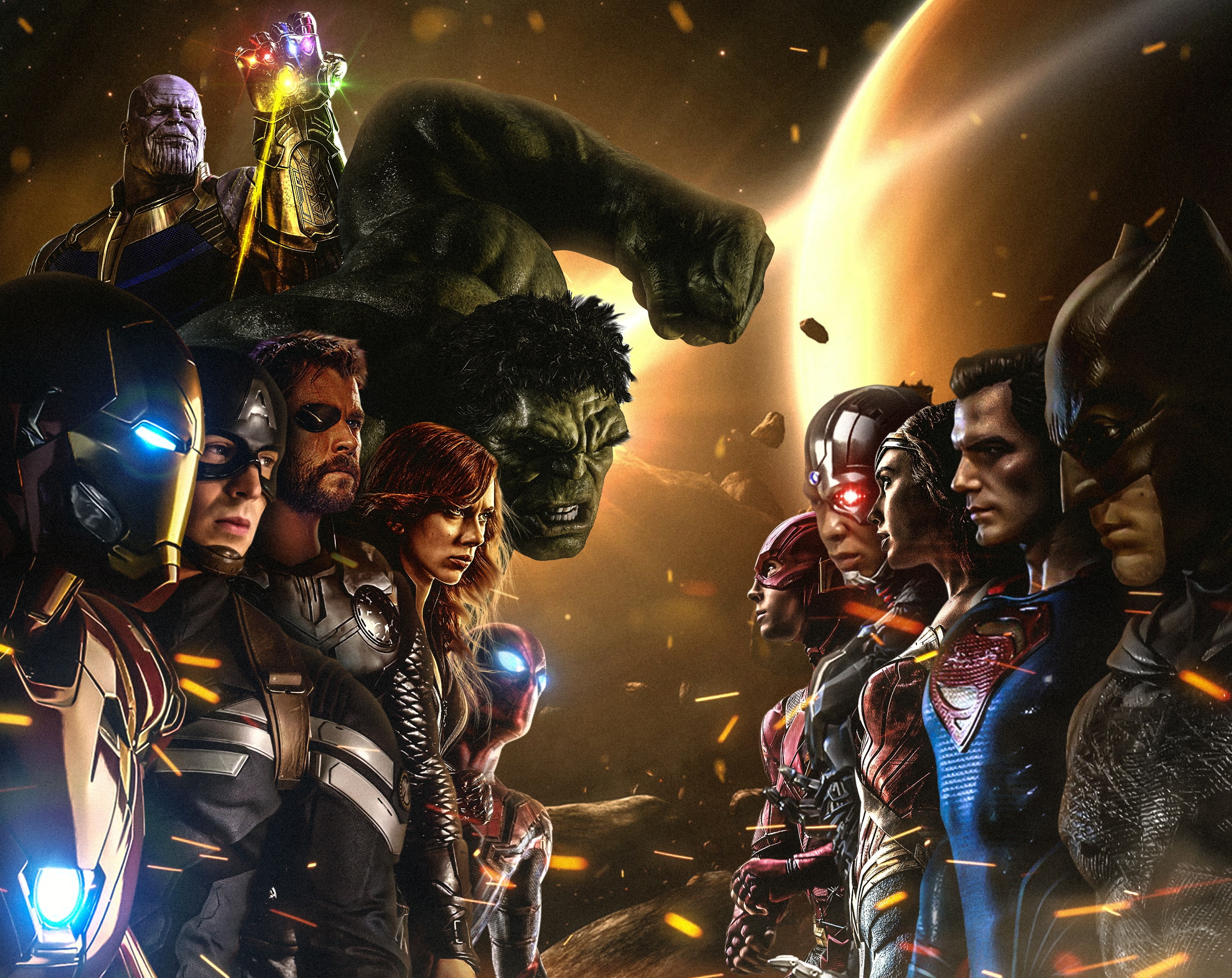 Cyborg (DC Comics), 2K, Black Widow, Thanos, Crossover, Hulk, Superman, Spider-Man, Captain America, Wonder Woman, Iron Man, Thor, Flash, Natasha Romanoff, HD Wallpaper