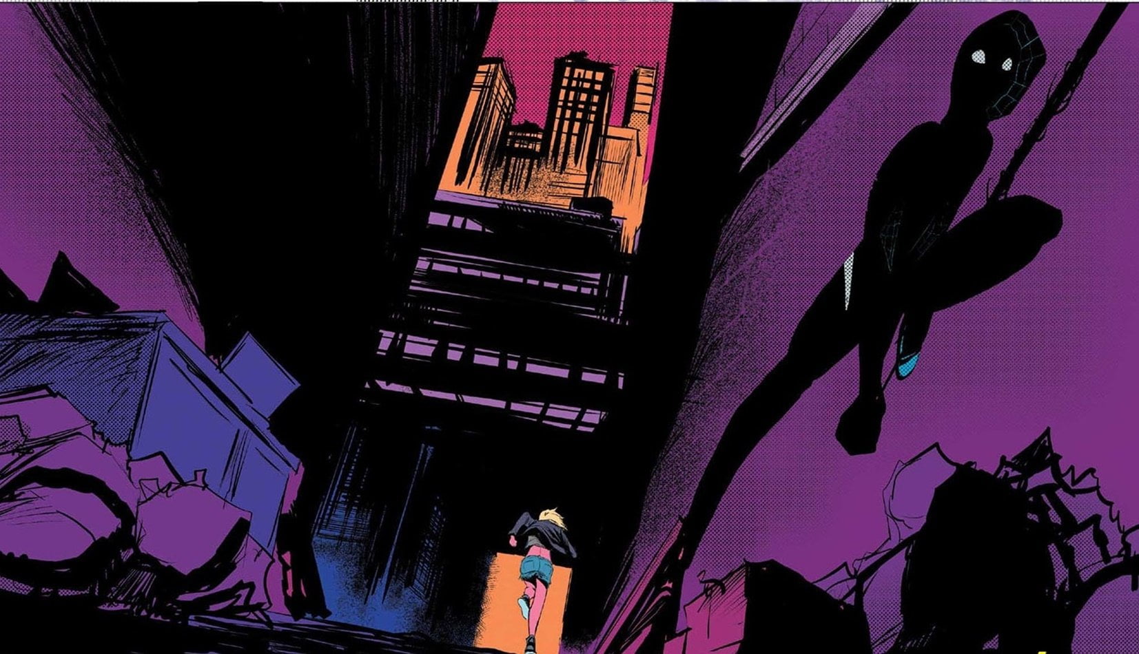 Spider-Woman, walking, lifestyles, Gwen Stacy, pink color, men, building exterior, 720P, low angle view, night, Spider-Gwen, illuminated, text, building, HD Wallpaper