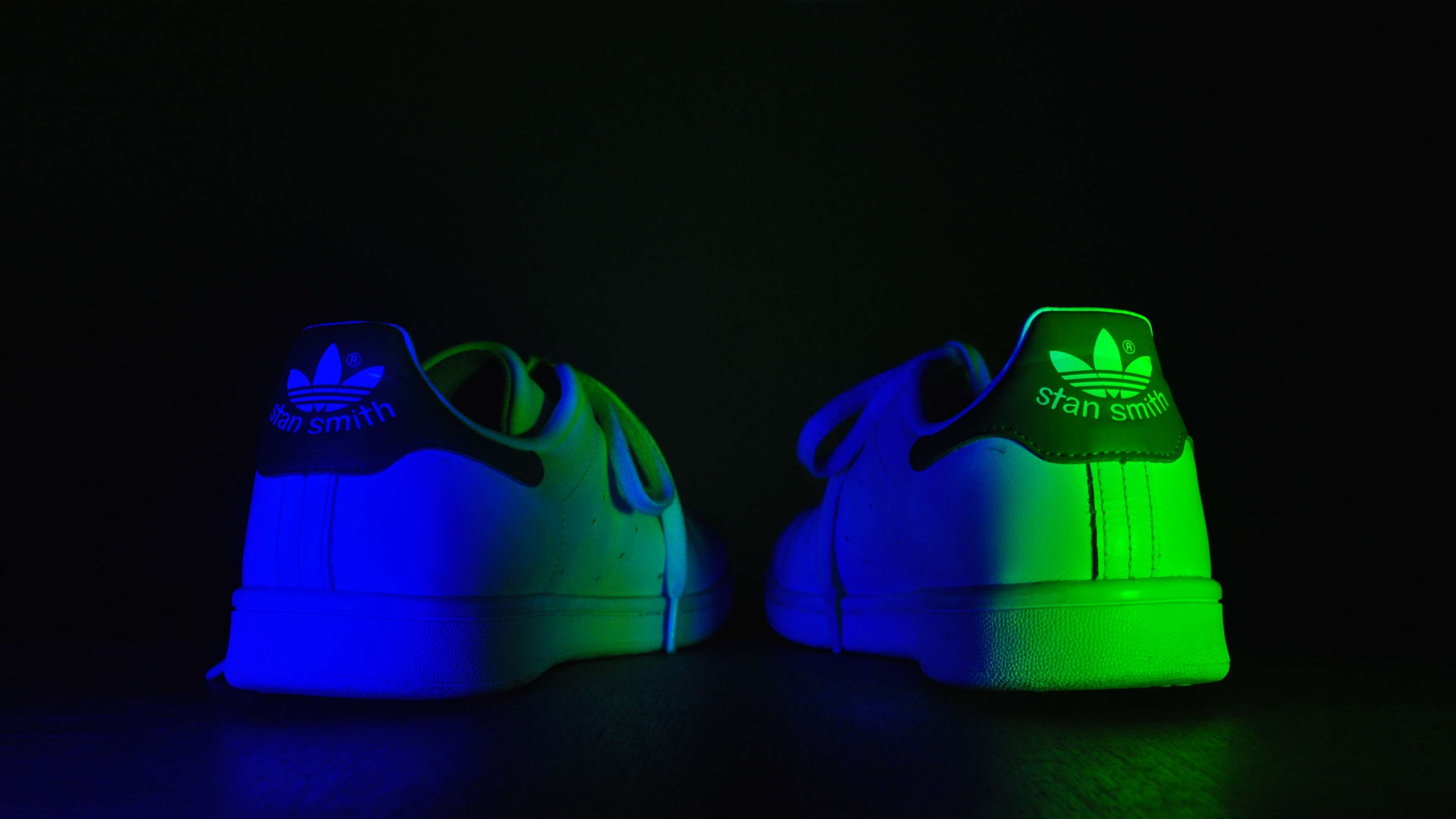 close-up, shoes, side by side, adidas stan smiths, black background, green color, shoe, 4K, colored background, night, two objects, illuminated, group of objects, HD Wallpaper