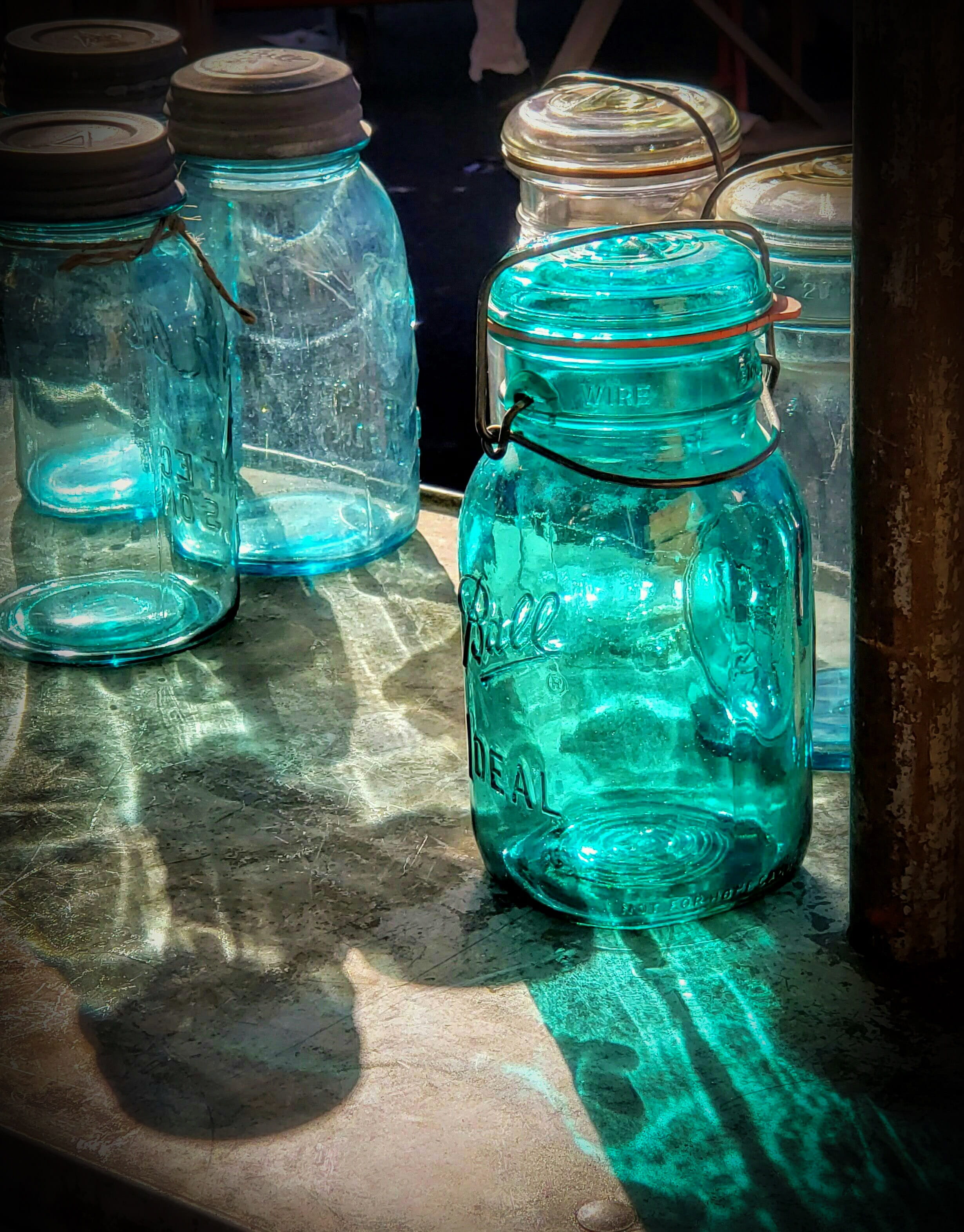 country kitchen, container, indoors, antique, still life, ball jar, day, nature, light, table, jar, vintage, shadow, glass, green color, blue, bottle, no people, Phone HD Wallpaper