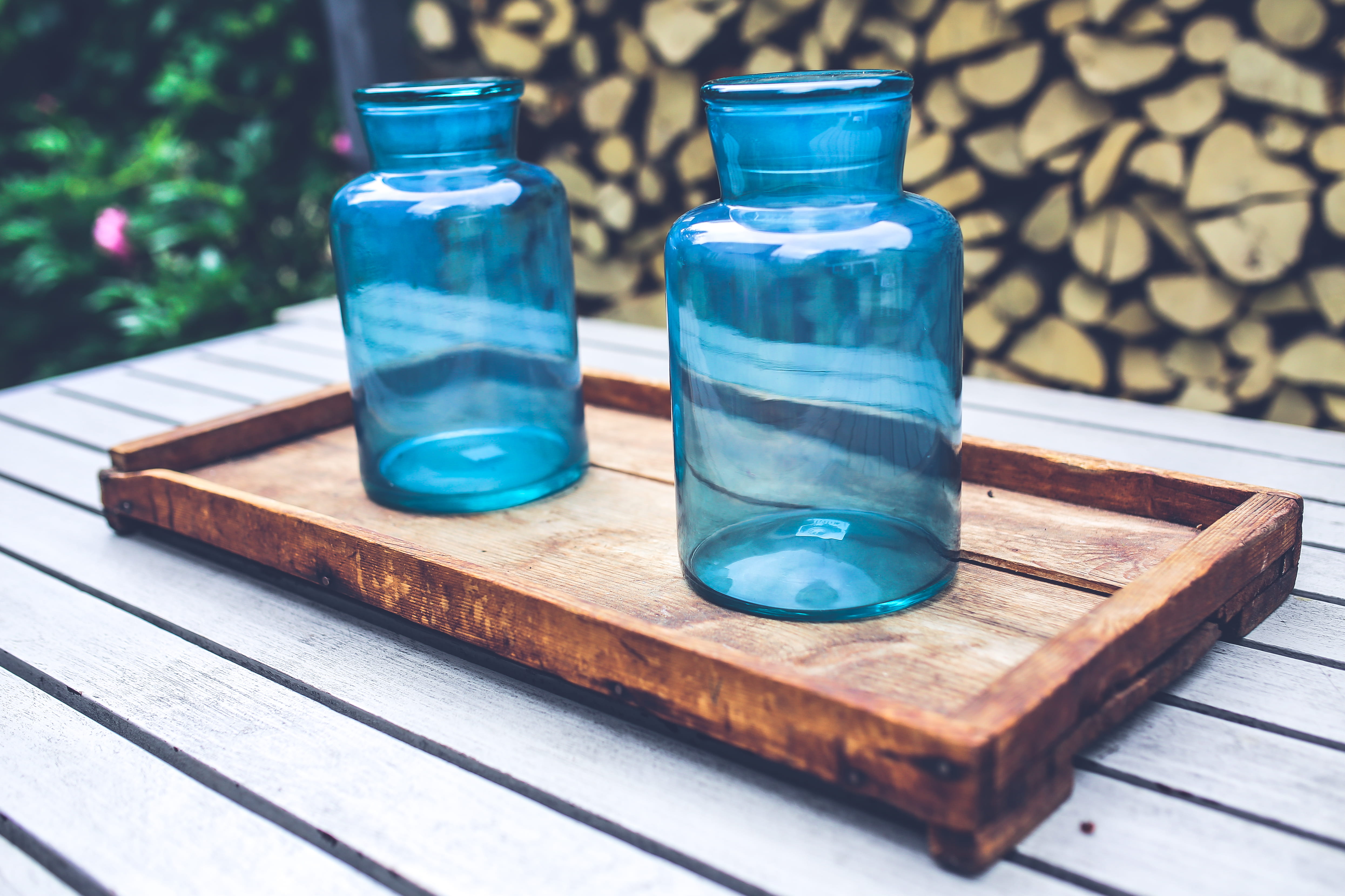 table, jar, container, turquoise colored, wood, two, glass - material, wooden, no people, aromatherapy, relaxation, science, still life, care, liquid, research, HD Wallpaper