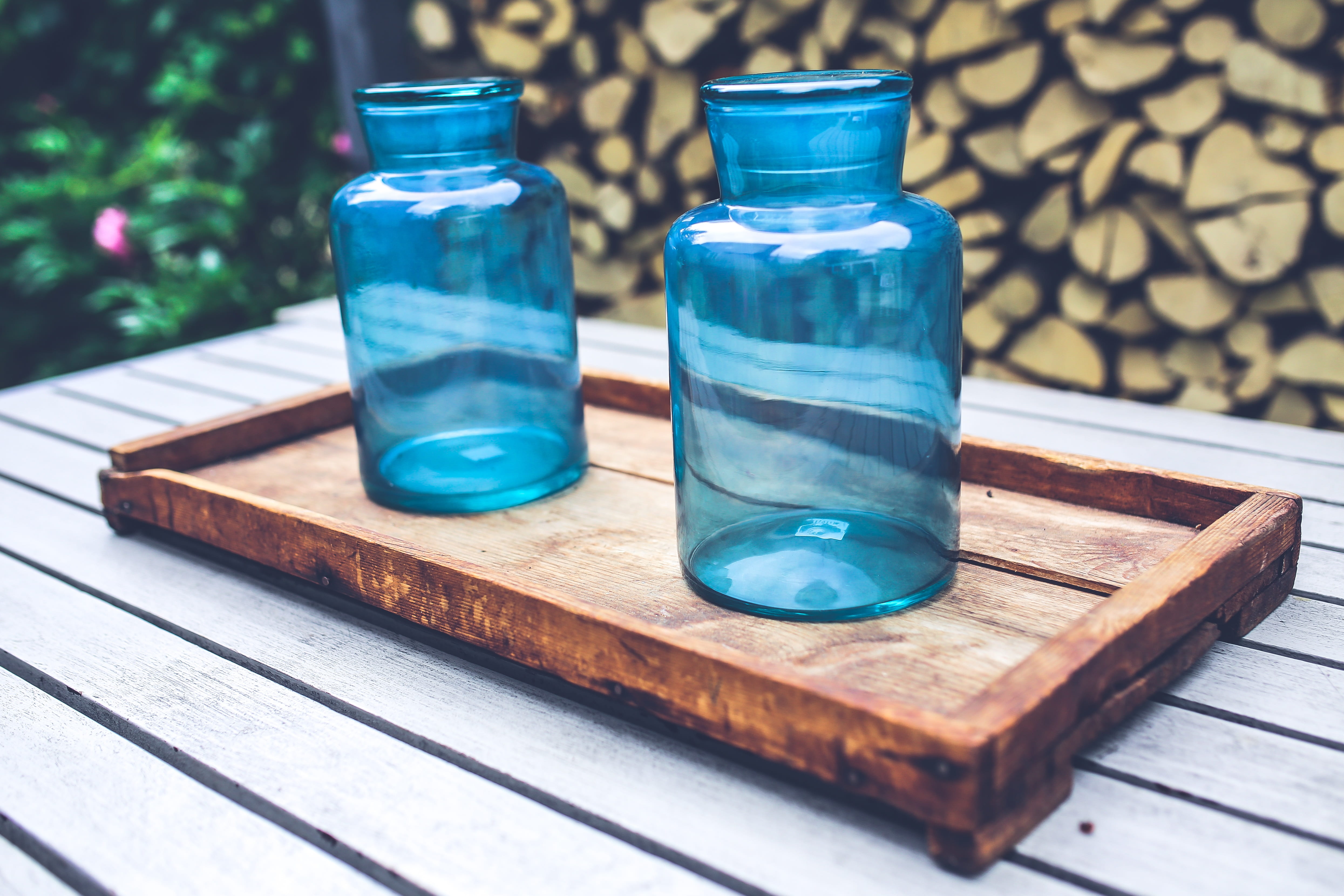 transparent, wooden, nature, education, design, day, glass - material, two, container, wood, table, blue, bottle, jar, exhibition, still life, science, HD Wallpaper