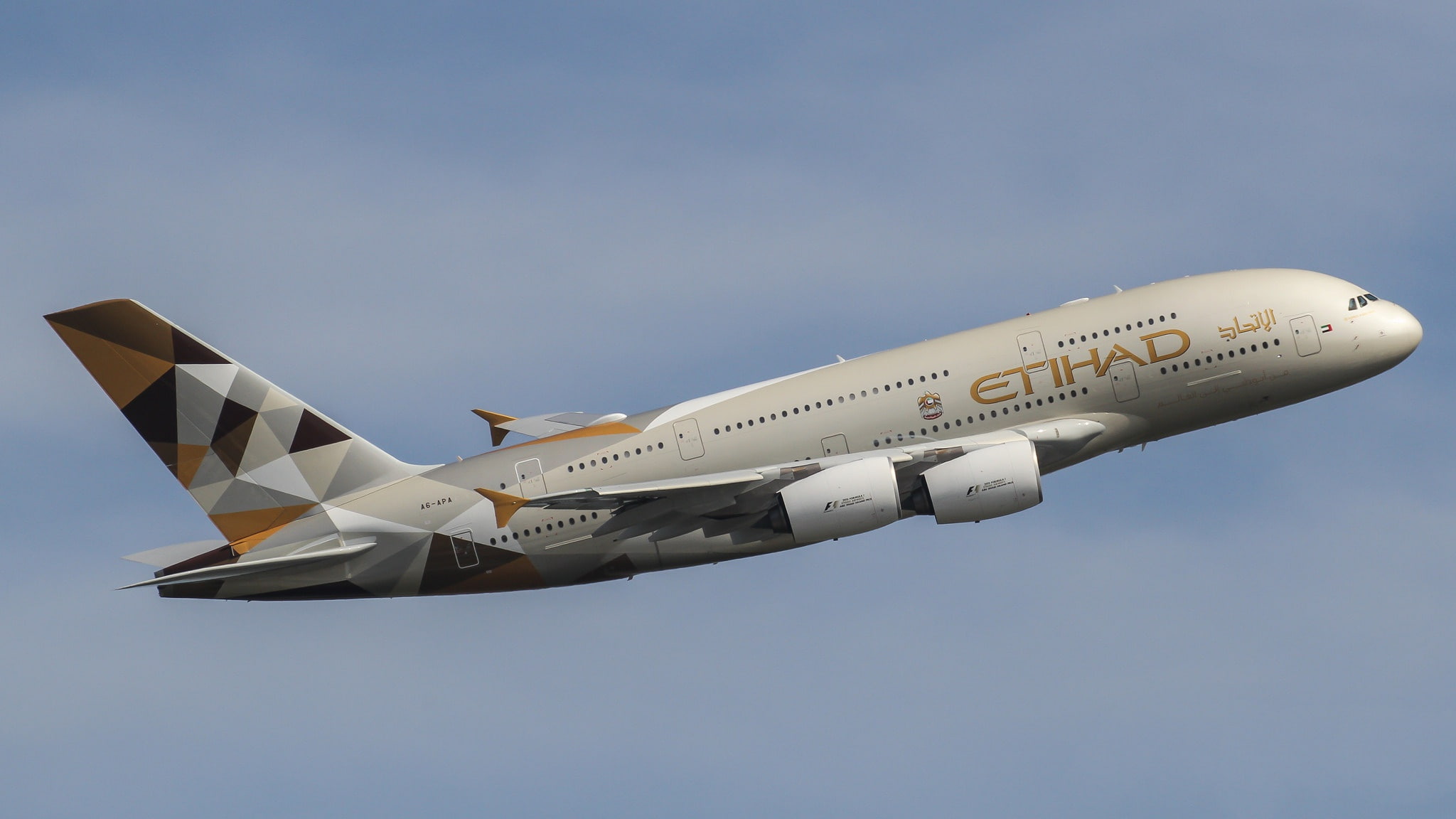the triangles on the tail, 1080P, flies, the plane, Airbus A380, a passenger plane, HD Wallpaper