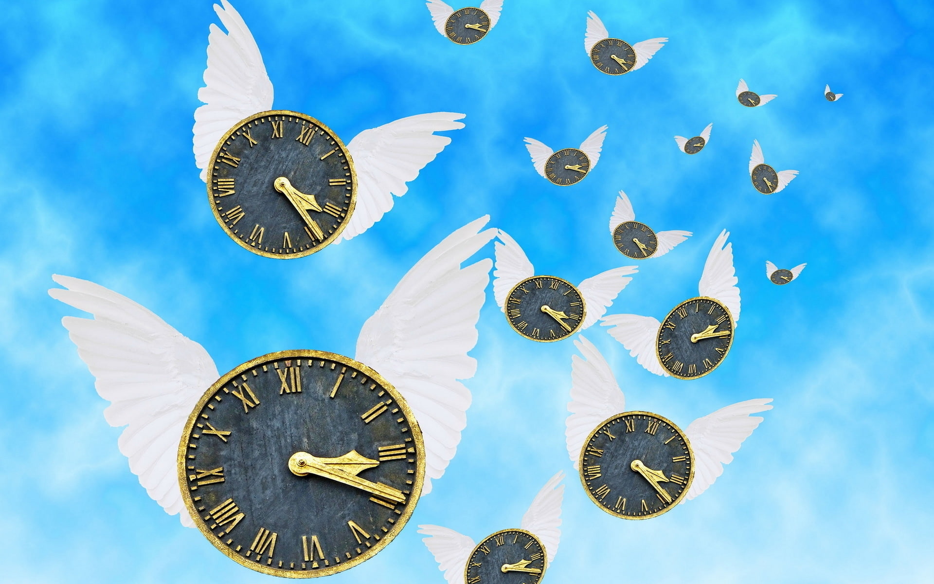 wings, 1080P, time, sky, clock, flies, HD Wallpaper