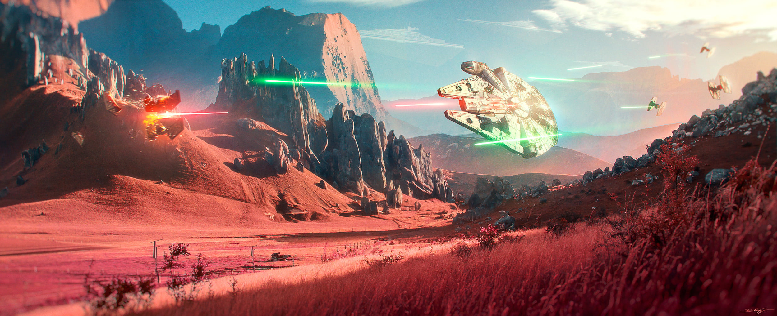 1080P, Millenium Falcon, artwork, Star Wars, fictional, landscape, ultrawide, HD Wallpaper