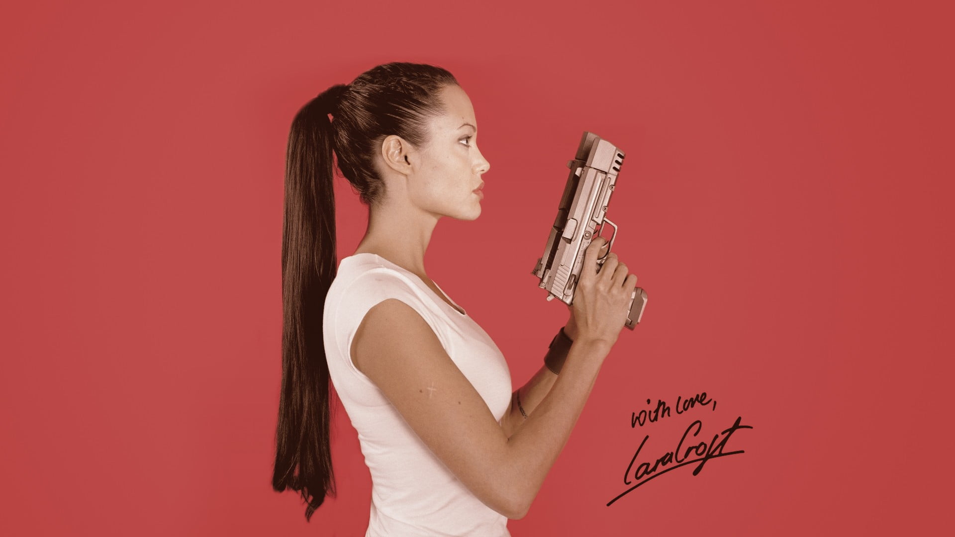 red, pistol, beauty, young adult, standing, studio shot, Angelina Jolie, one person, 1080P, beautiful woman, actress, Lara Croft, weapon, indoors, side view, HD Wallpaper
