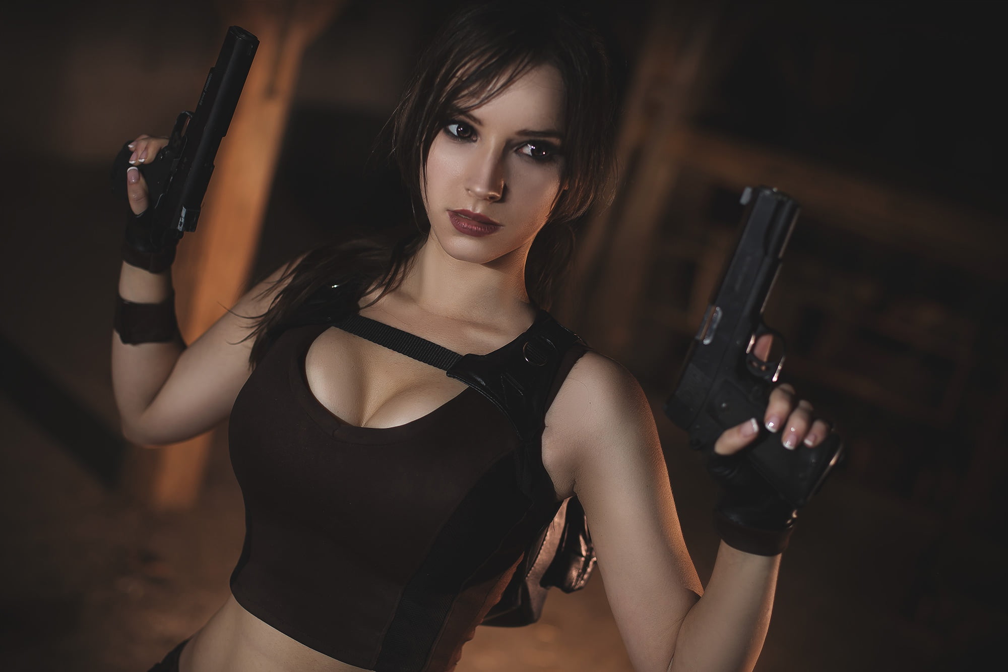Lara Croft, Cosplay, Tomb Raider, Brunette, Brown Eyes, Gun, Women, 1080P, Lipstick, HD Wallpaper