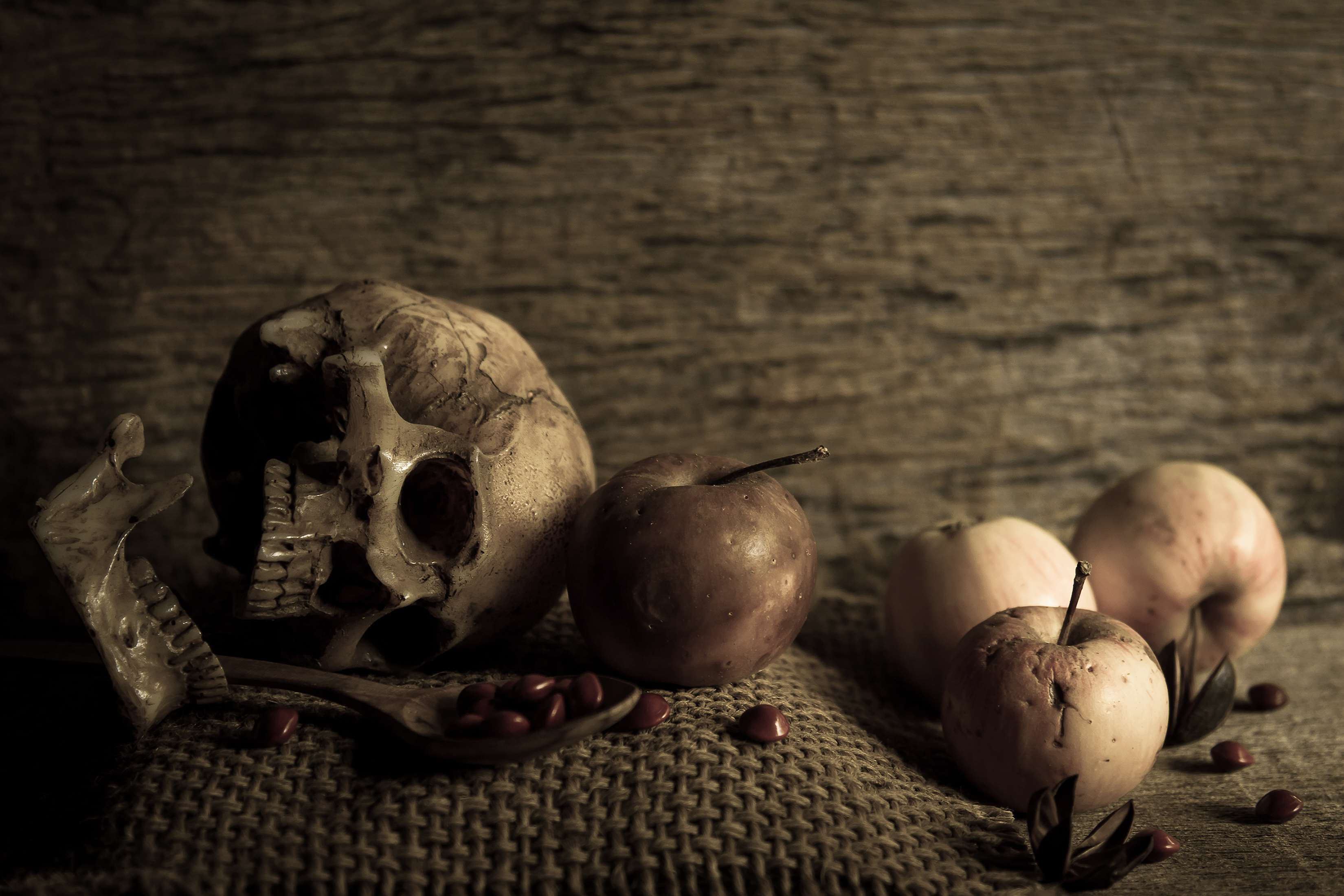 healthy eating, studio shot, group of objects, brown, food and drink, scary, fruits, wood, apples, still life, dark, no people, 2K, portrait, wellbeing, HD Wallpaper