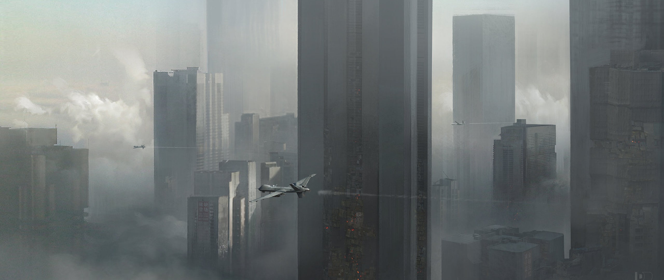 reaper, buildings, 2K, mq, art, mq-9 reaper, airplane, fantasy, fantasy art, HD Wallpaper