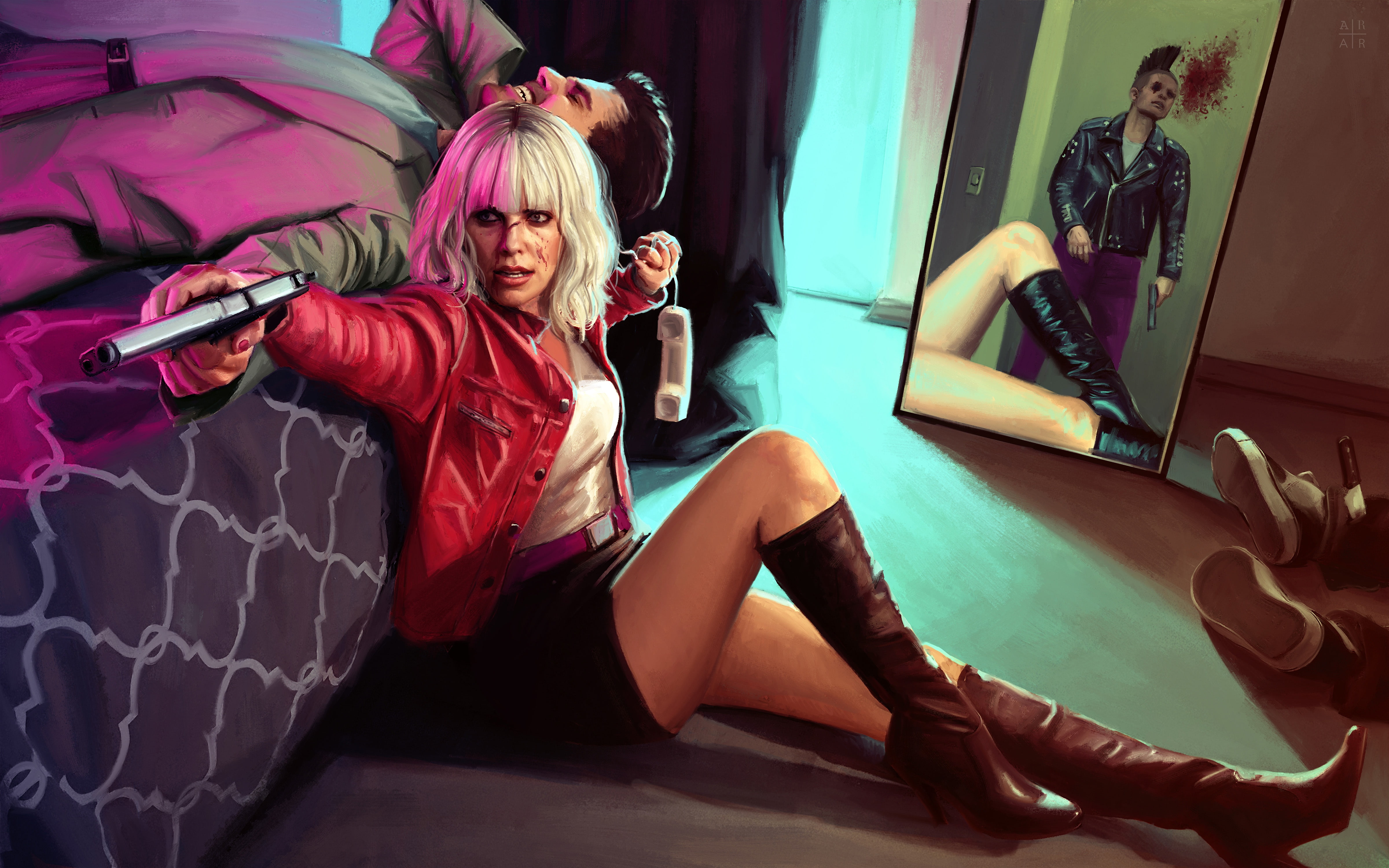 Atomic Blonde, bed, blood, room, girl, tube, phone, gun, 4K, Charlize Theron, Lorraine Broughton, the corpse, feet, art, HD Wallpaper