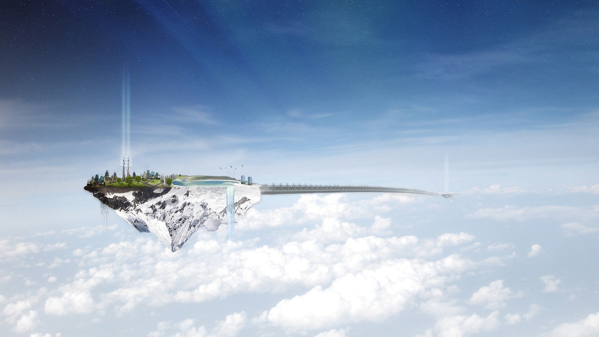 built structure, digital art, diamond, outdoors, colored, ring, no people, blue, environment, digital composite, air vehicle, nature, sky, clouds, architecture, HD Wallpaper