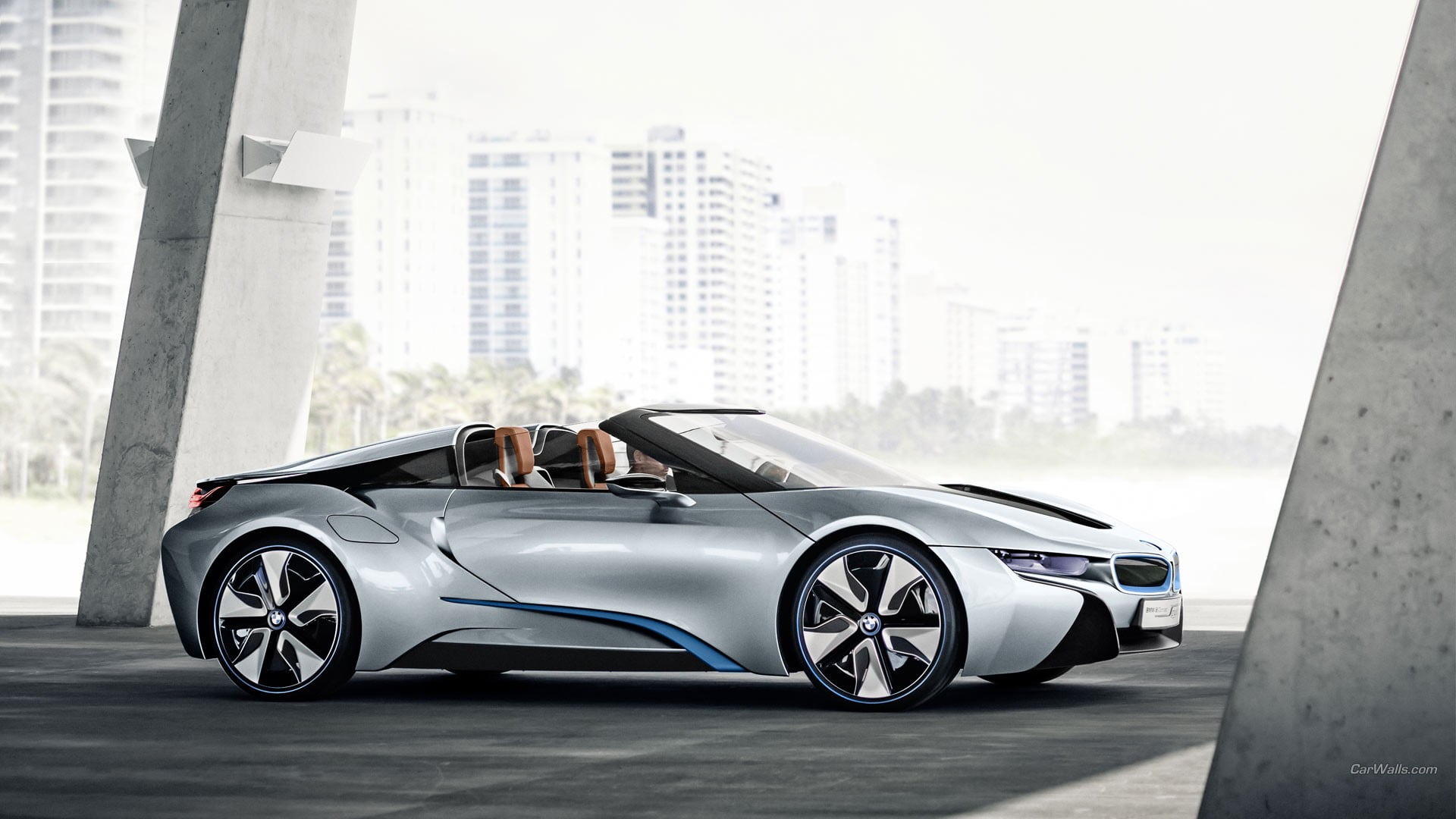 BMW, speed, day, benz, skyscraper, personal land vehicle, cityscape, BMW i8, silver cars, street, building exterior, mode of transportation, 1080P, chrome, HD Wallpaper
