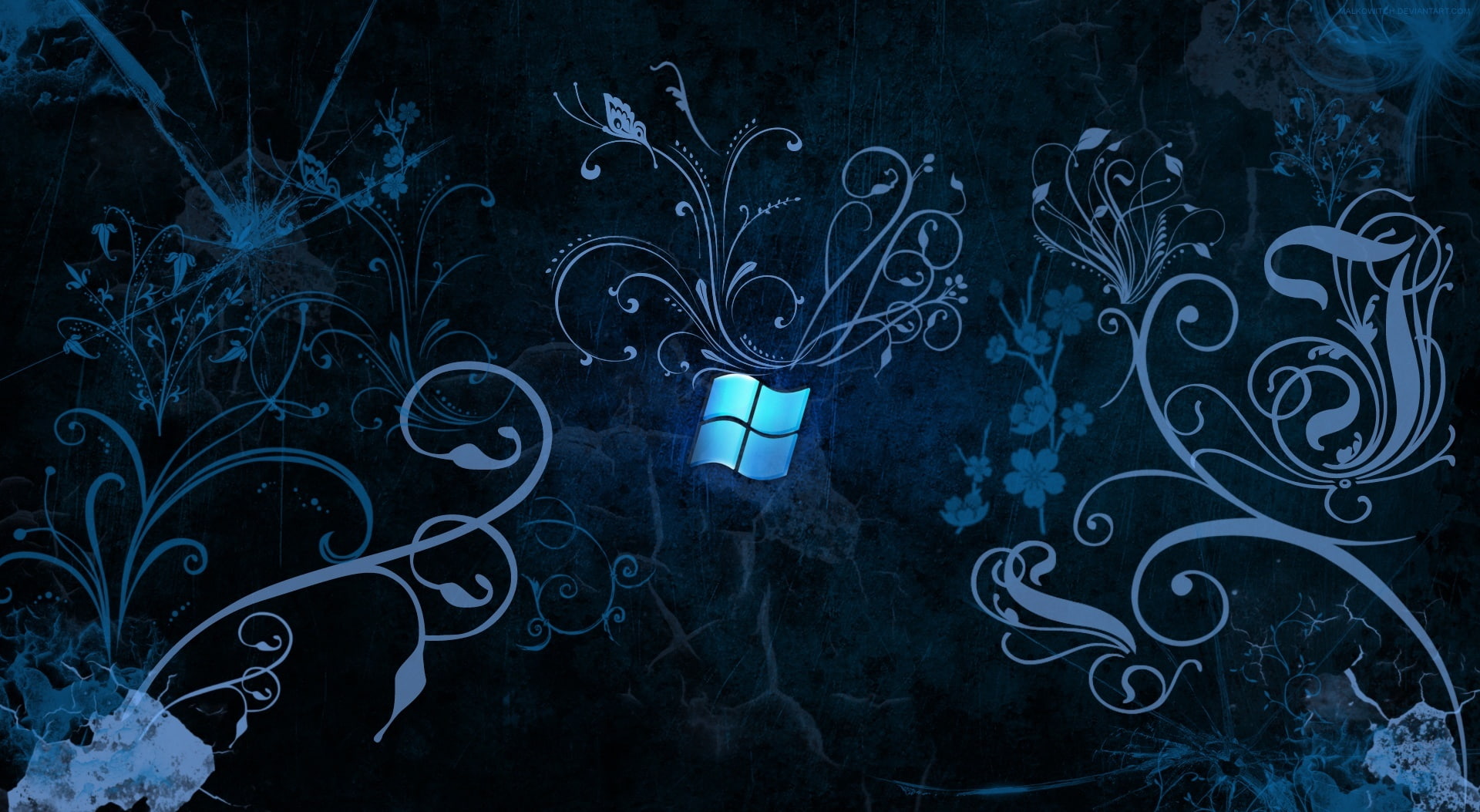 outdoors, 1080P, space, Windows, computer, dark, floral pattern, blue, abstract, pattern, night, textured, design, creativity, motion, illuminated, nature, HD Wallpaper