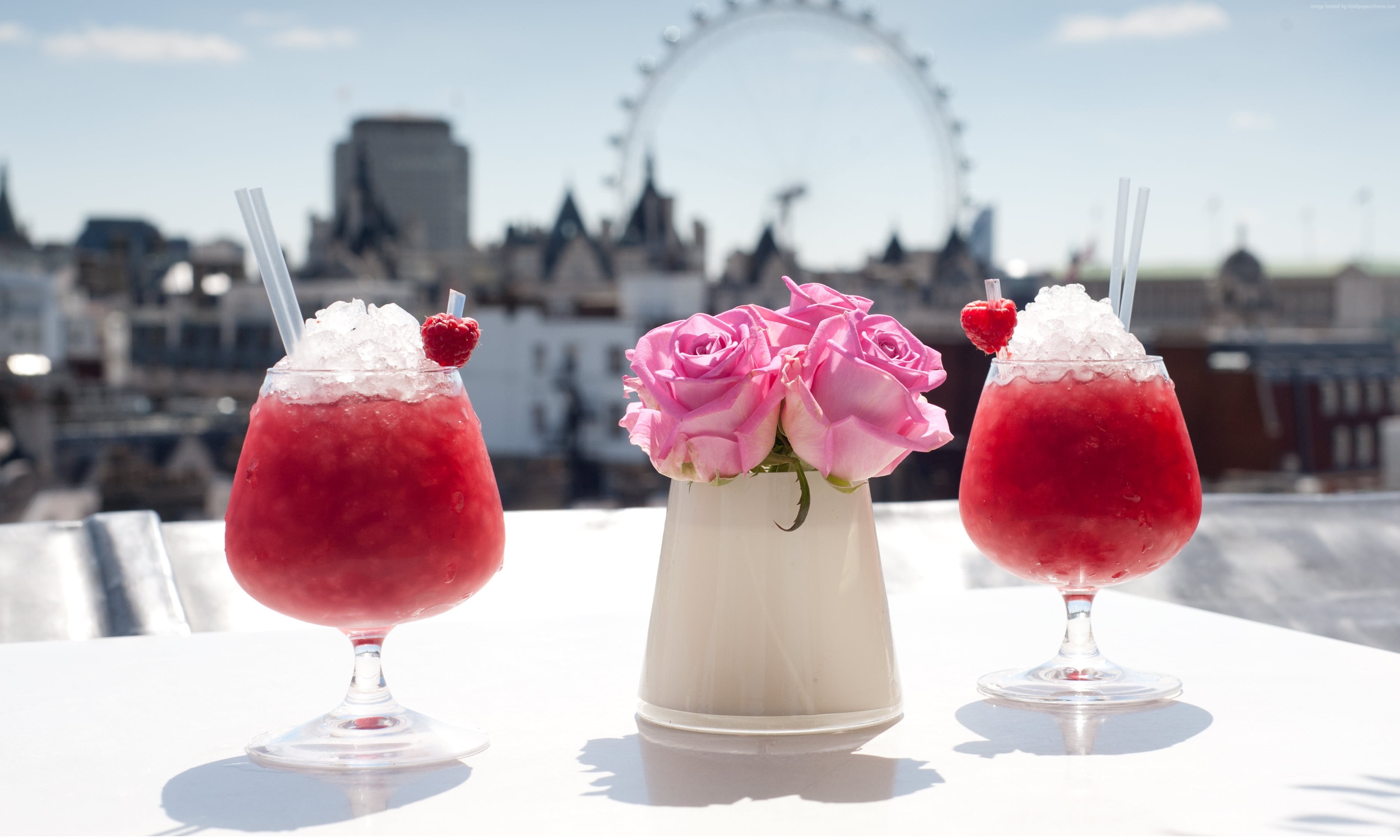 ice, Bacardi, London, flowers, strawberries, raspberries, 2K, cocktails, HD Wallpaper