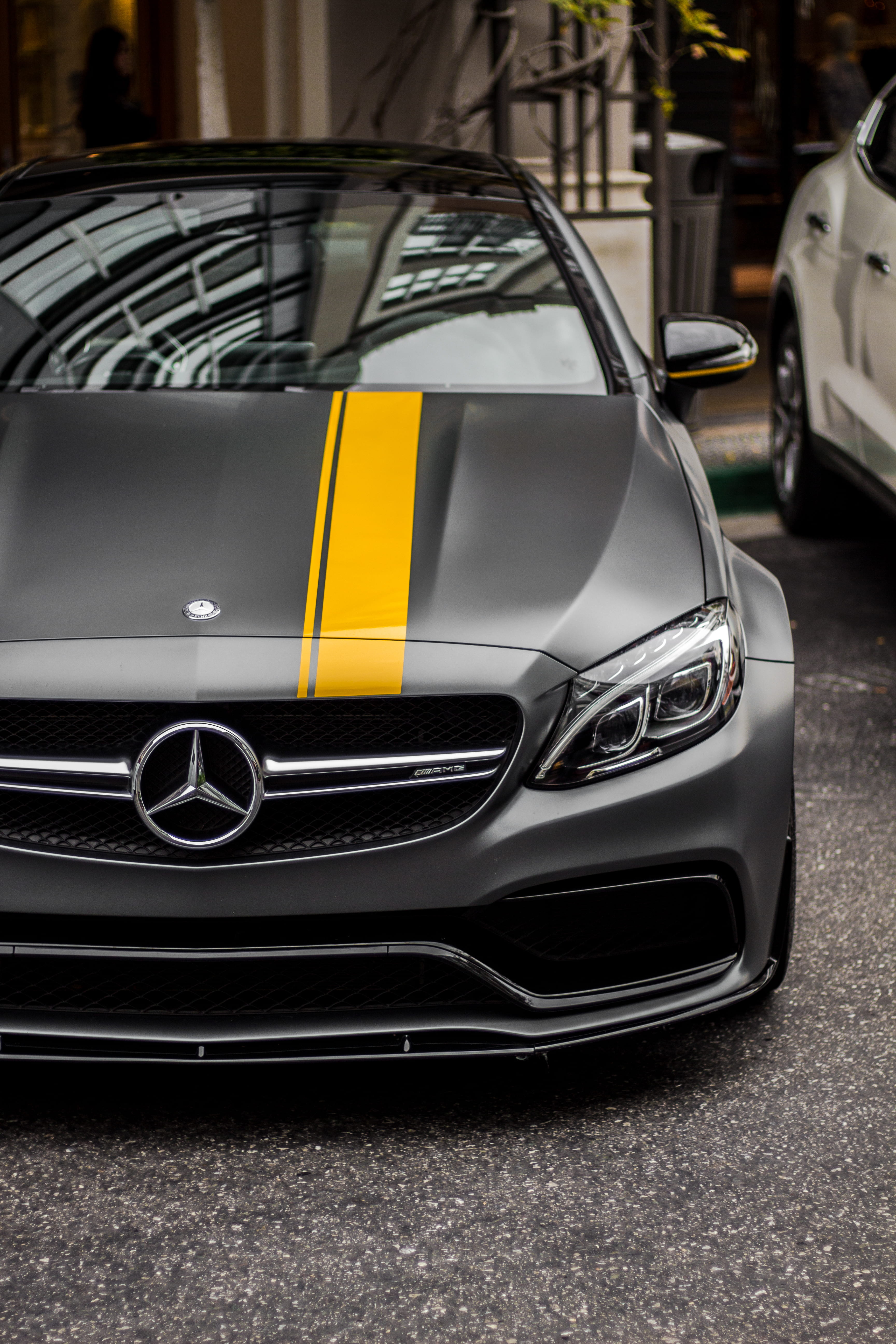 black, outdoors, sports car, parked, daytime, wealth, stationary, amg, gray, consumerism, c, car, close-up, reflection, photo, focus on foreground, headlight, Phone HD Wallpaper