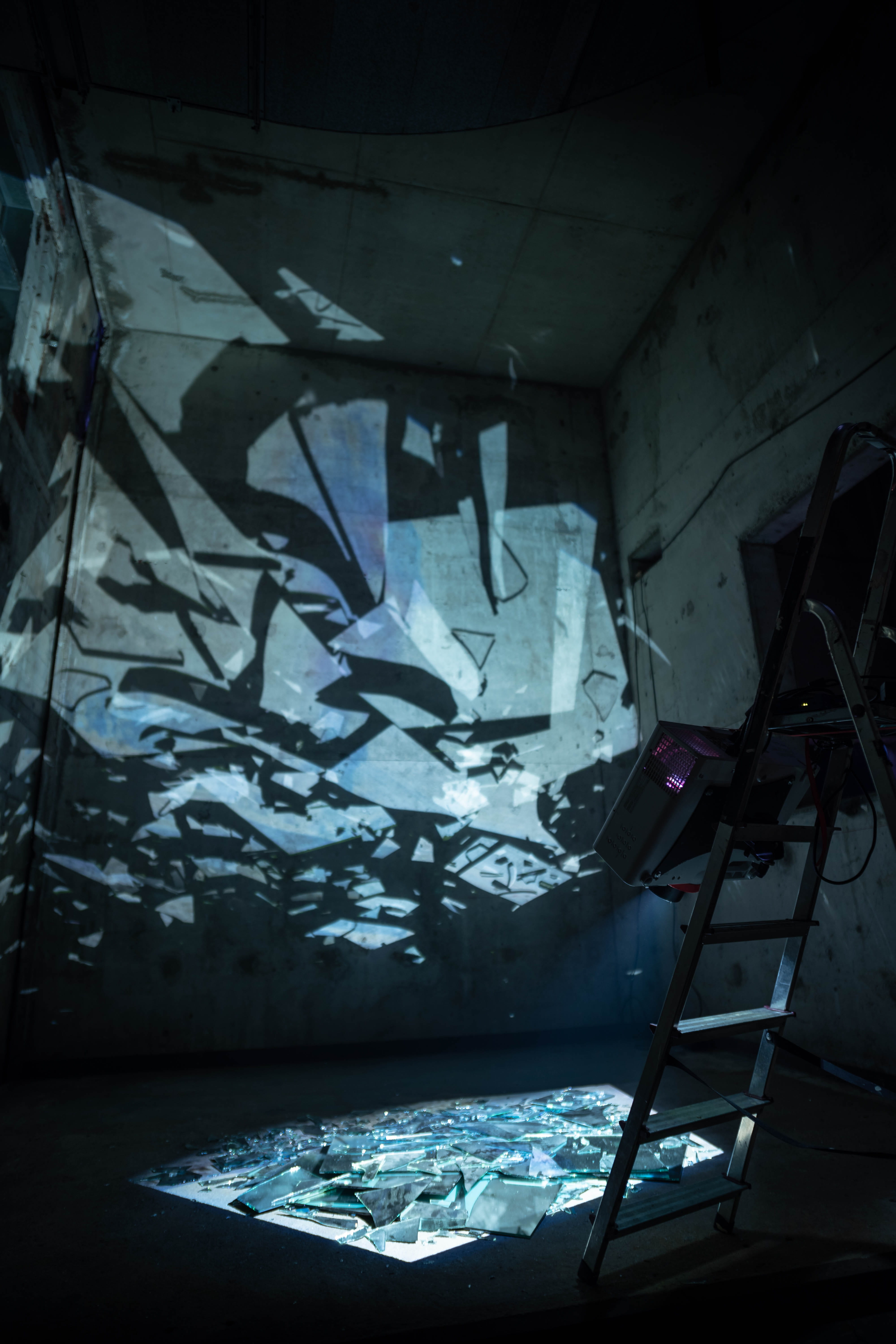 dark, reflections, ladder, light beam, shattered, damaged, built structure, indoors, 5K, broken glass, photo, architecture, graffiti, no people, empty, Phone HD Wallpaper