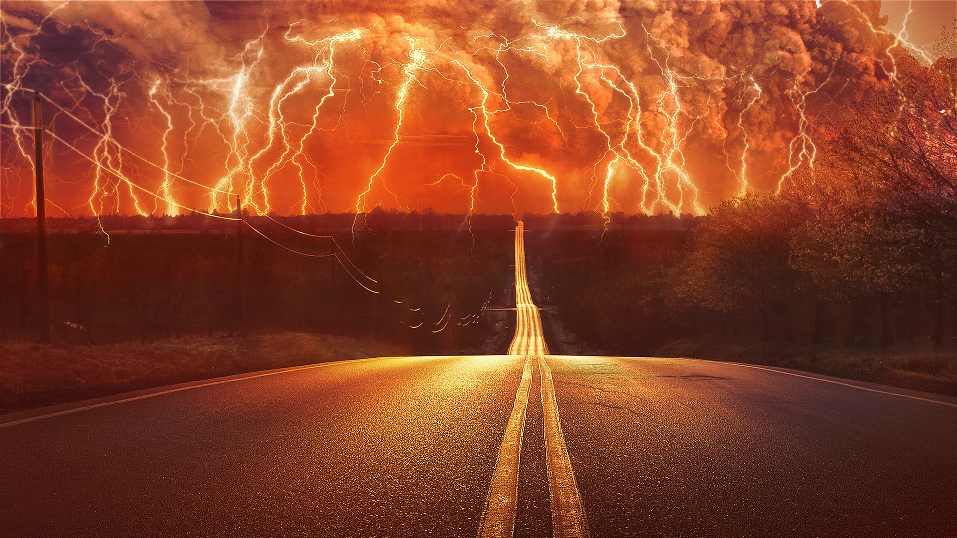 lightning, night, symbol, no people, road marking, glowing, transportation, the way forward, sky, storm, motion, road, warning sign, power in nature, direction, HD Wallpaper