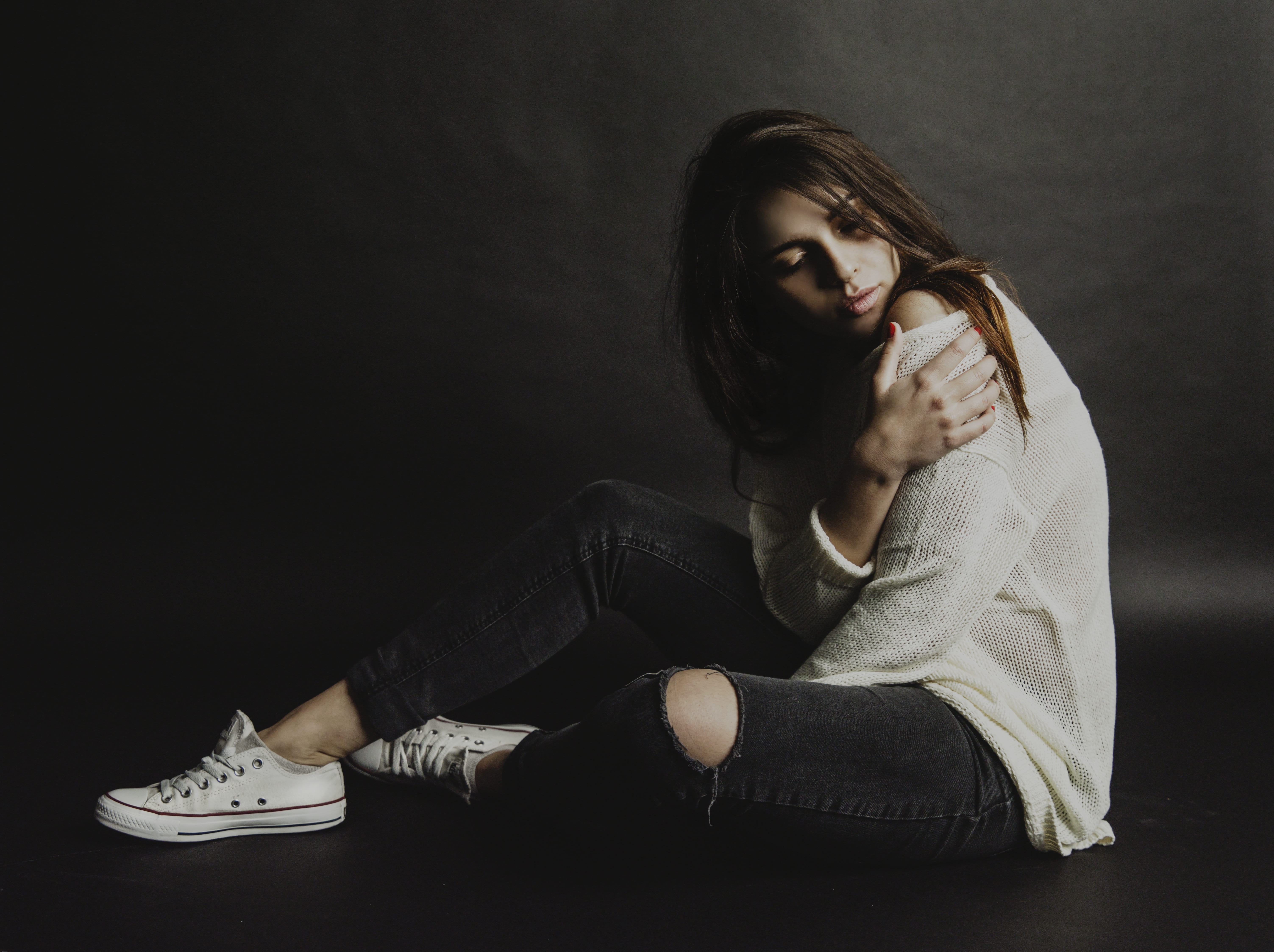 beautiful woman, women, pose, distress, rubber shoes, top, young adult, studio, photoshoot, hair, relaxation, one person, depression - sadness, long hair, HD Wallpaper