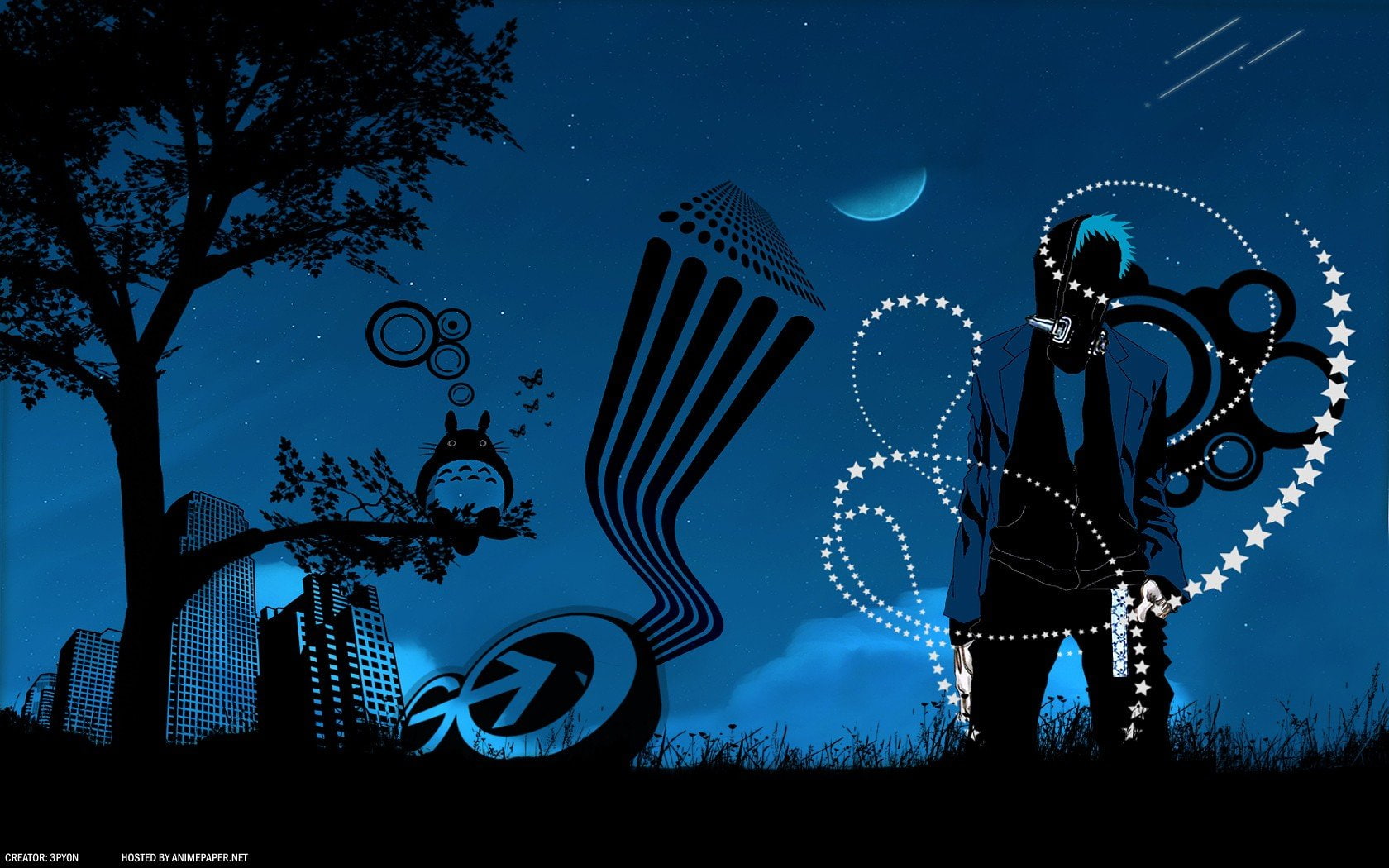 720P, illuminated, digital composite, sky, heverilson, standing, tree, night, technology, motion, outdoors, star - space, full length, silhouette, one person, HD Wallpaper