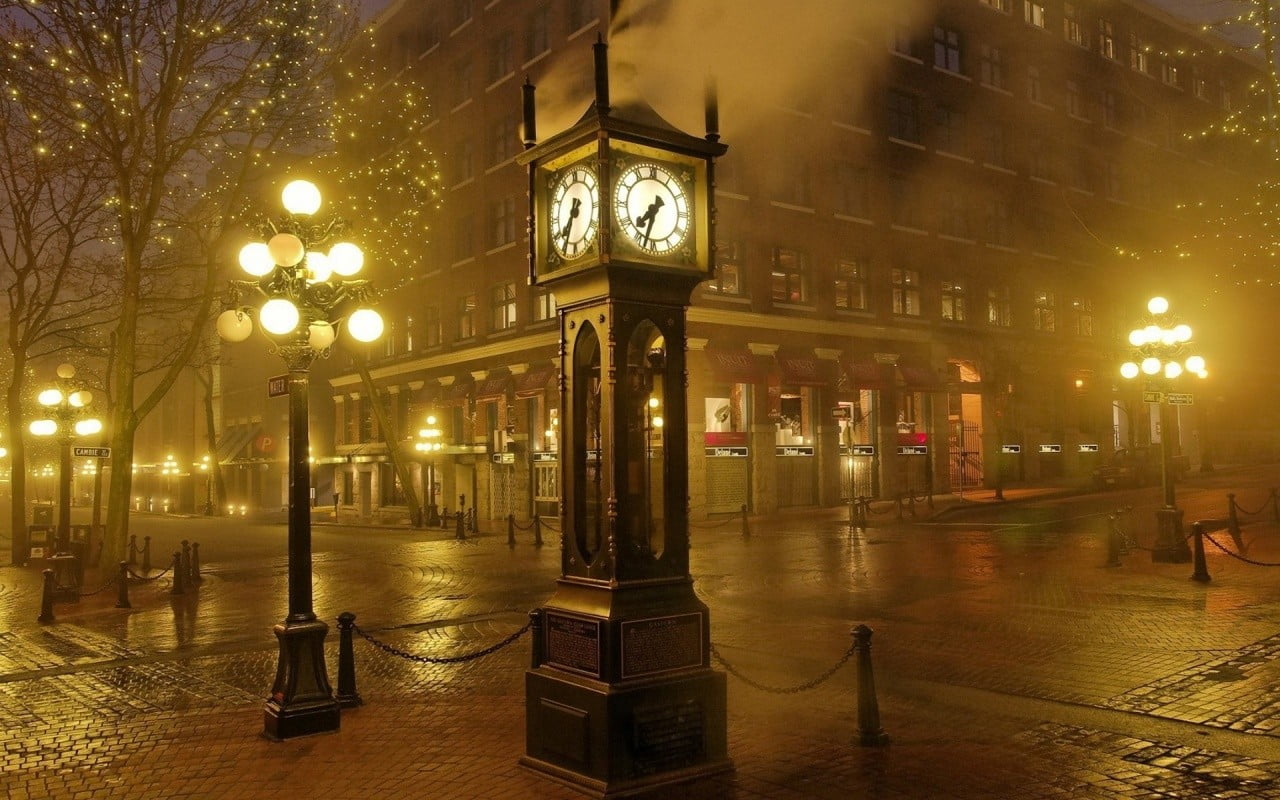 mist, clocks, building, street light, light, built structure, lighting equipment, cityscape, transportation, the past, tree, illuminated, city, architecture, HD Wallpaper