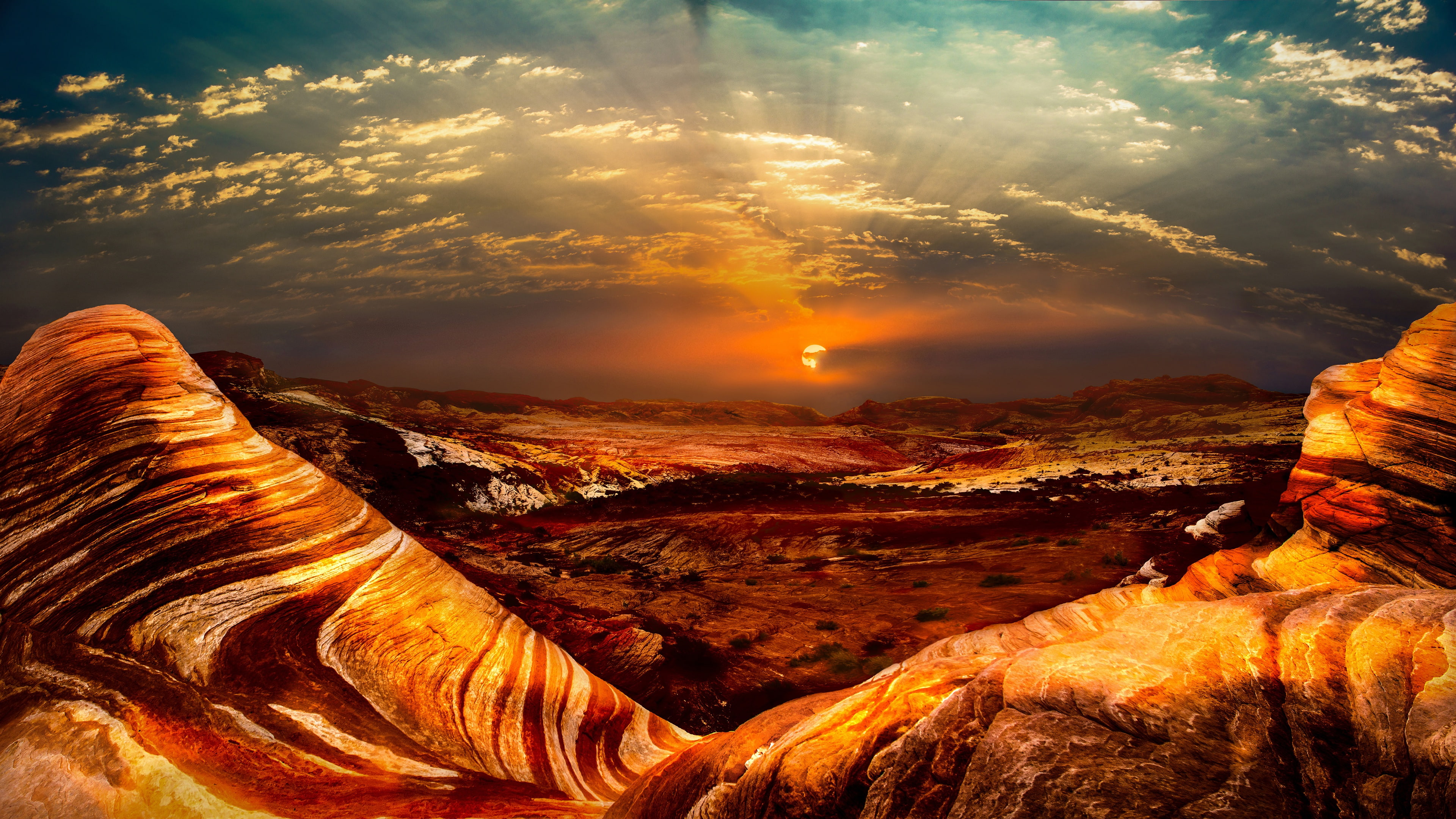 relief, dal, mountains, Nevada, rocks, desert, drought, saturated colors, nature, America, the sky, colorful, landscape, the sun, sunset, USA, heat, education, HD Wallpaper