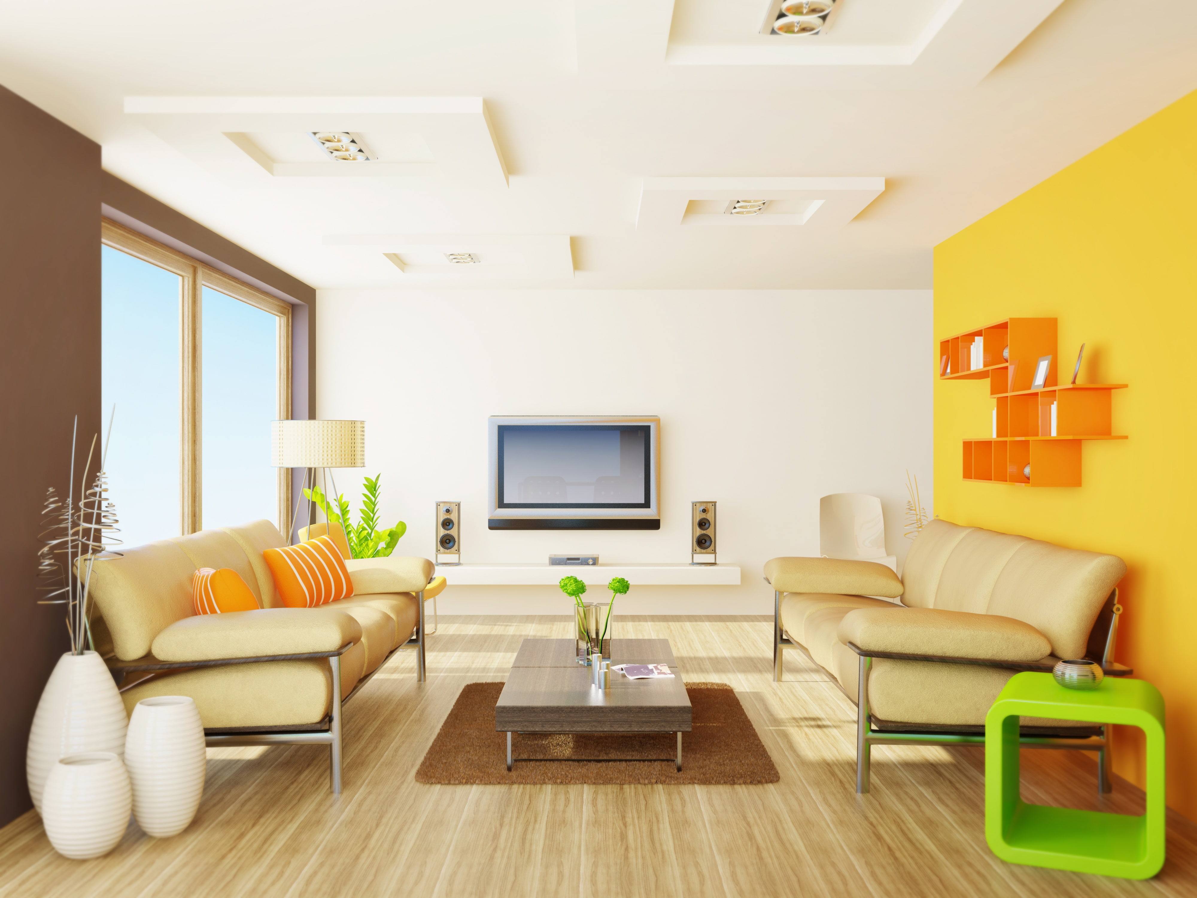 chair, coffee table, lighting equipment, furniture, flooring, interior, indoors, seat, technology, light, luxury, wood, no people, armchair, 4K, television set, HD Wallpaper