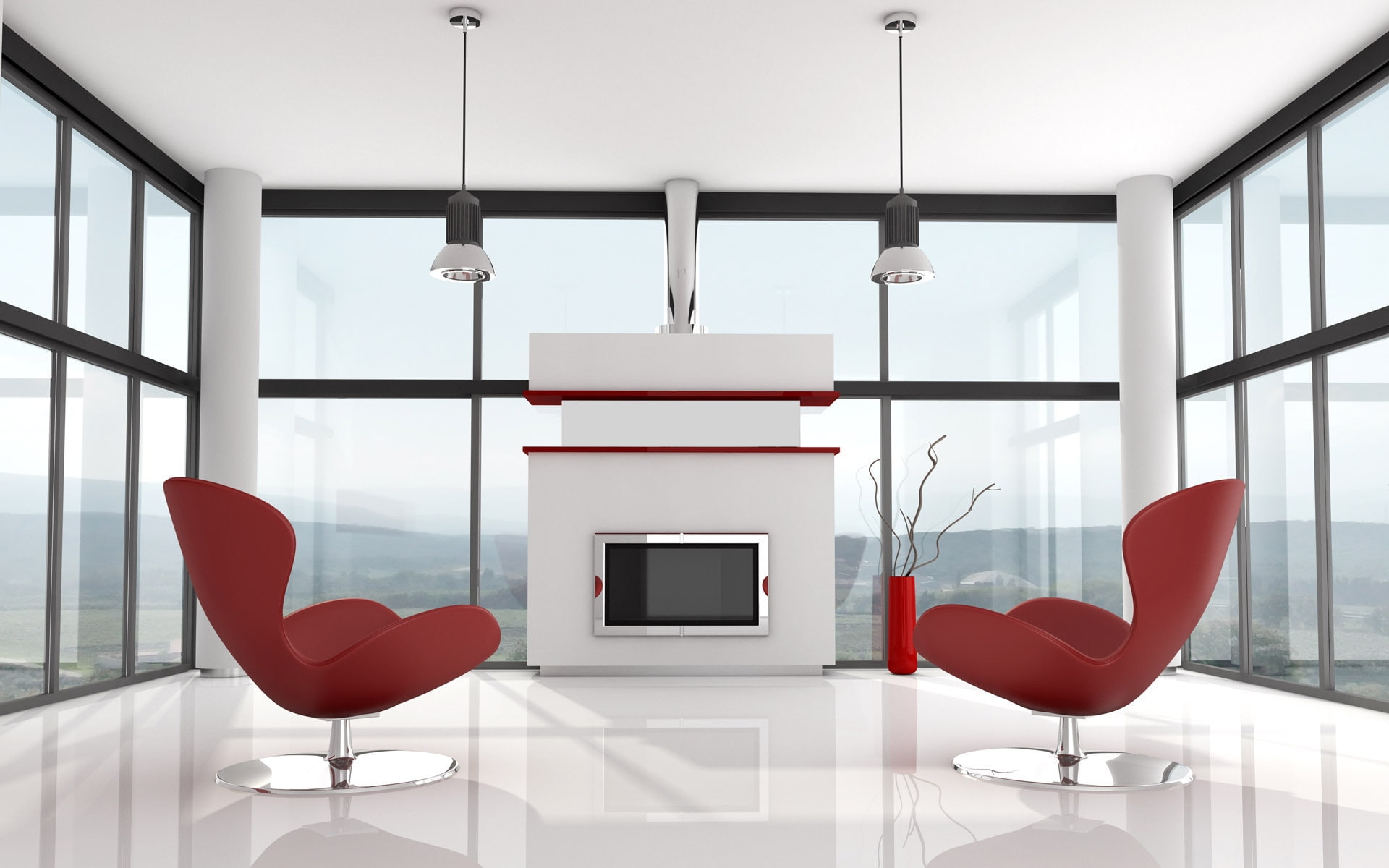 house, design, room, office, modern, interior, 1080P, living, red, white, HD Wallpaper